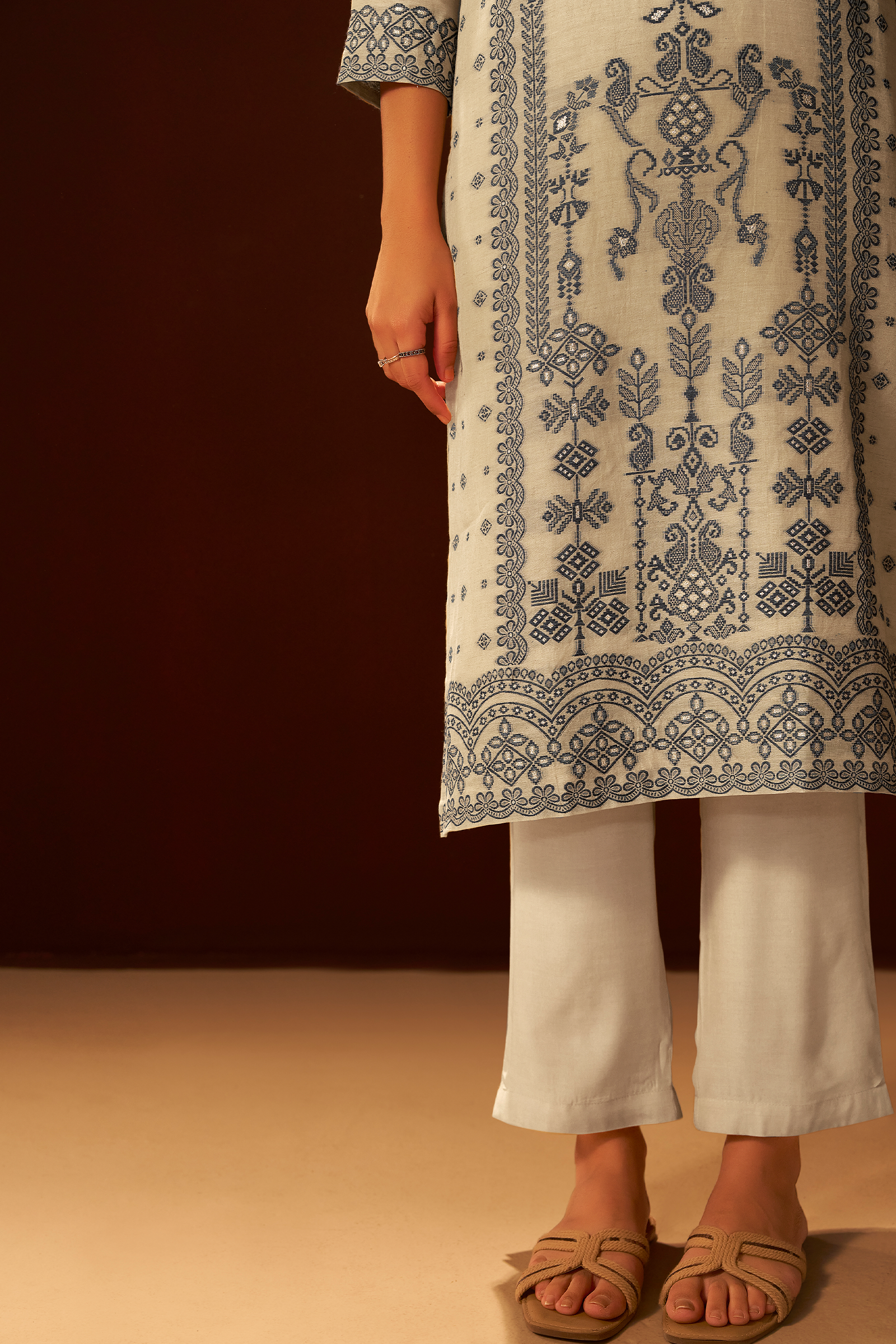 Moonstone Ivory Linen Jacquard Kurta Set