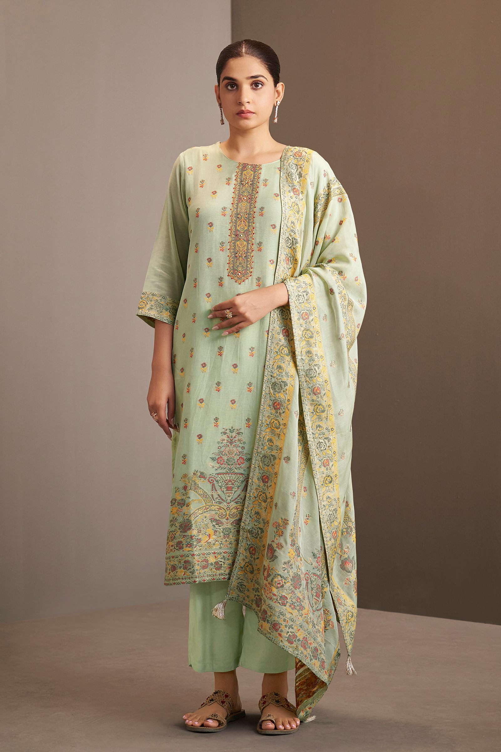 Soft Celadon Chanderi Multi-Meena Work Jacquard Kurta Set