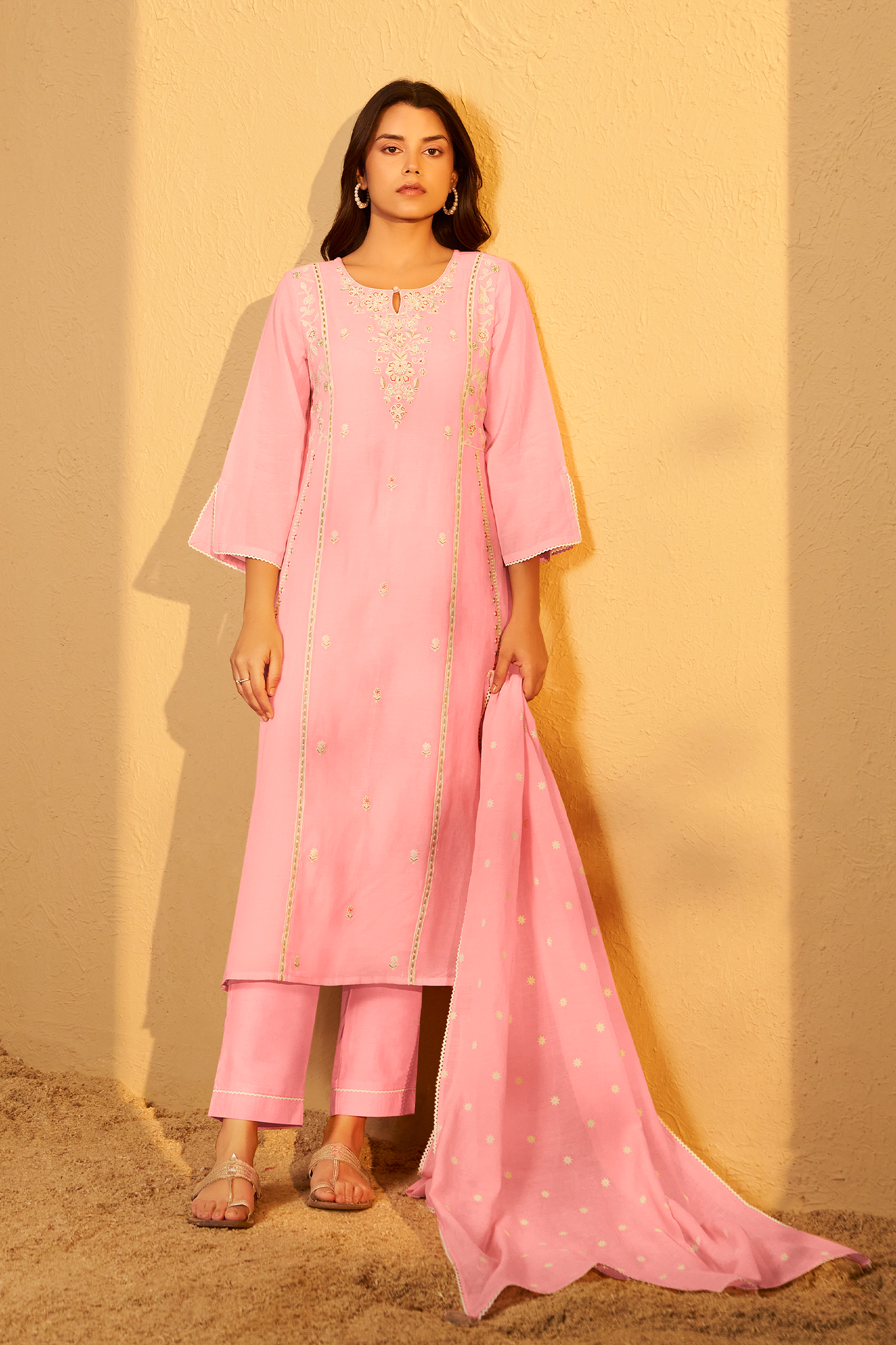 Ballet Rose Mul Chanderi A-Line Embroidery Kurta Set