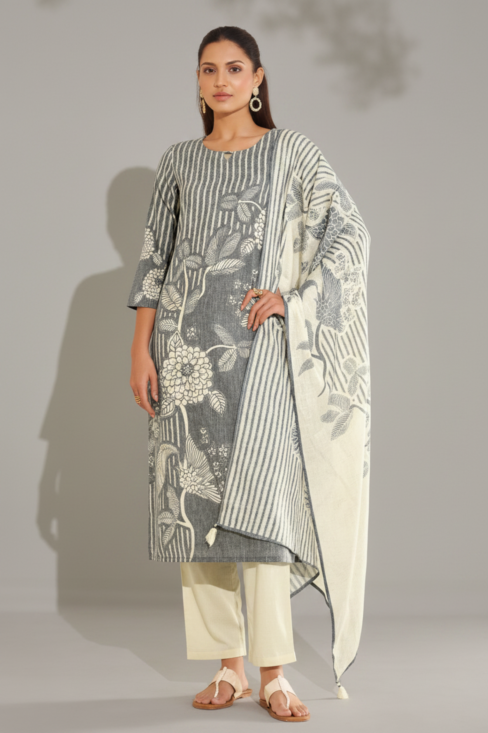Ash Grey Cotton Linen Digital Printed Kurta Set