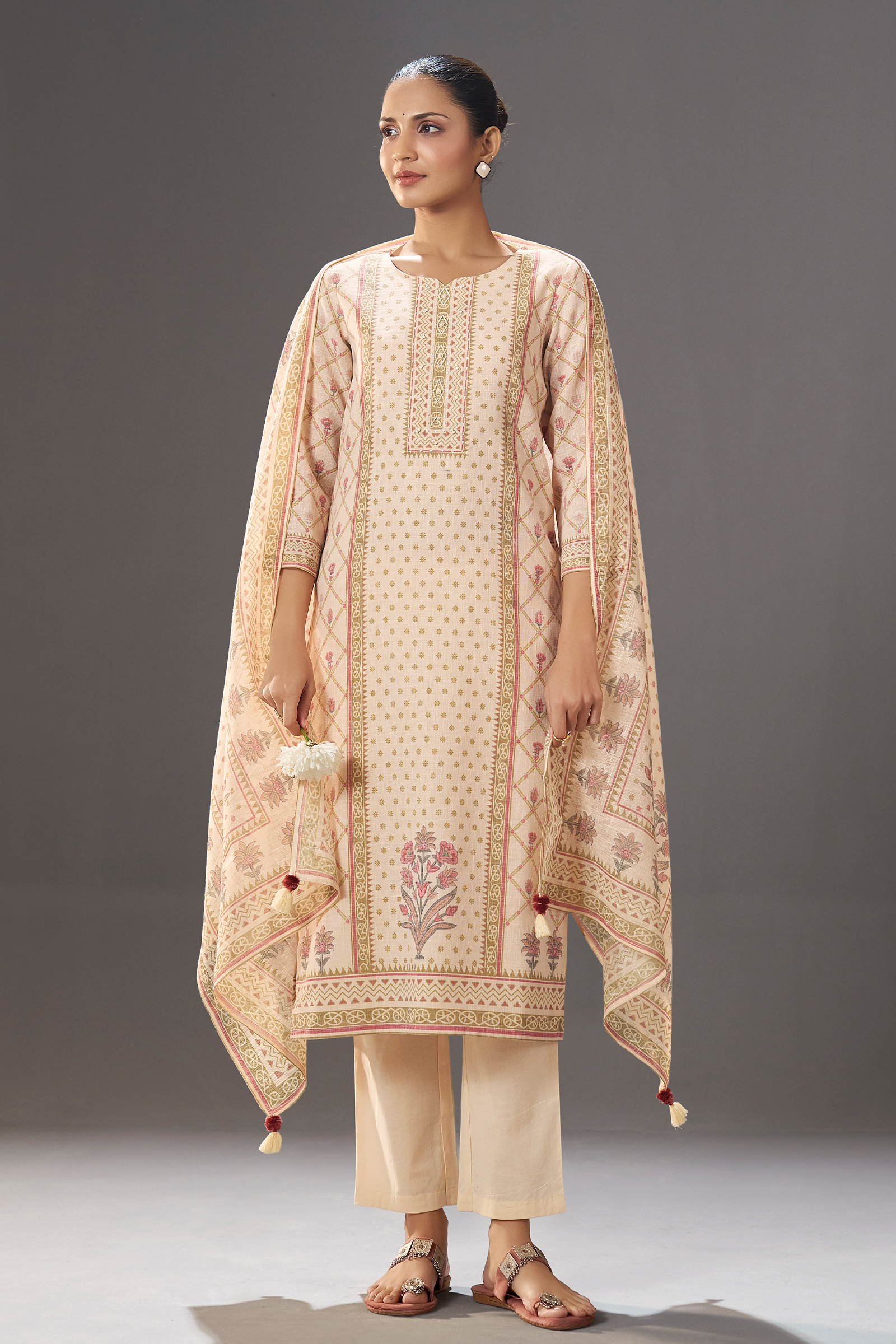 Blush Ivory Buti Linen Cotton Digital Printed Kurta Set