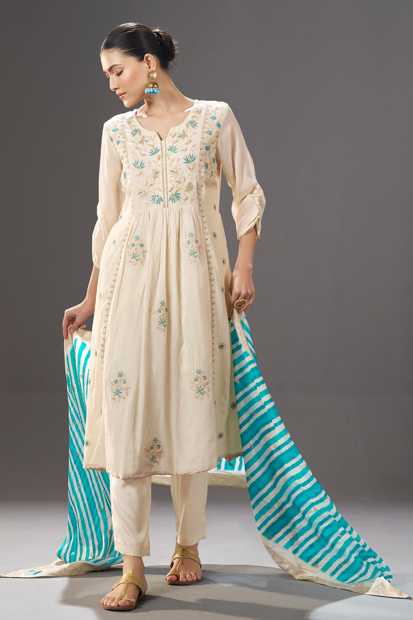 Turquoise Pearl Embroidery Kurta Set with Leheriya Dupatta