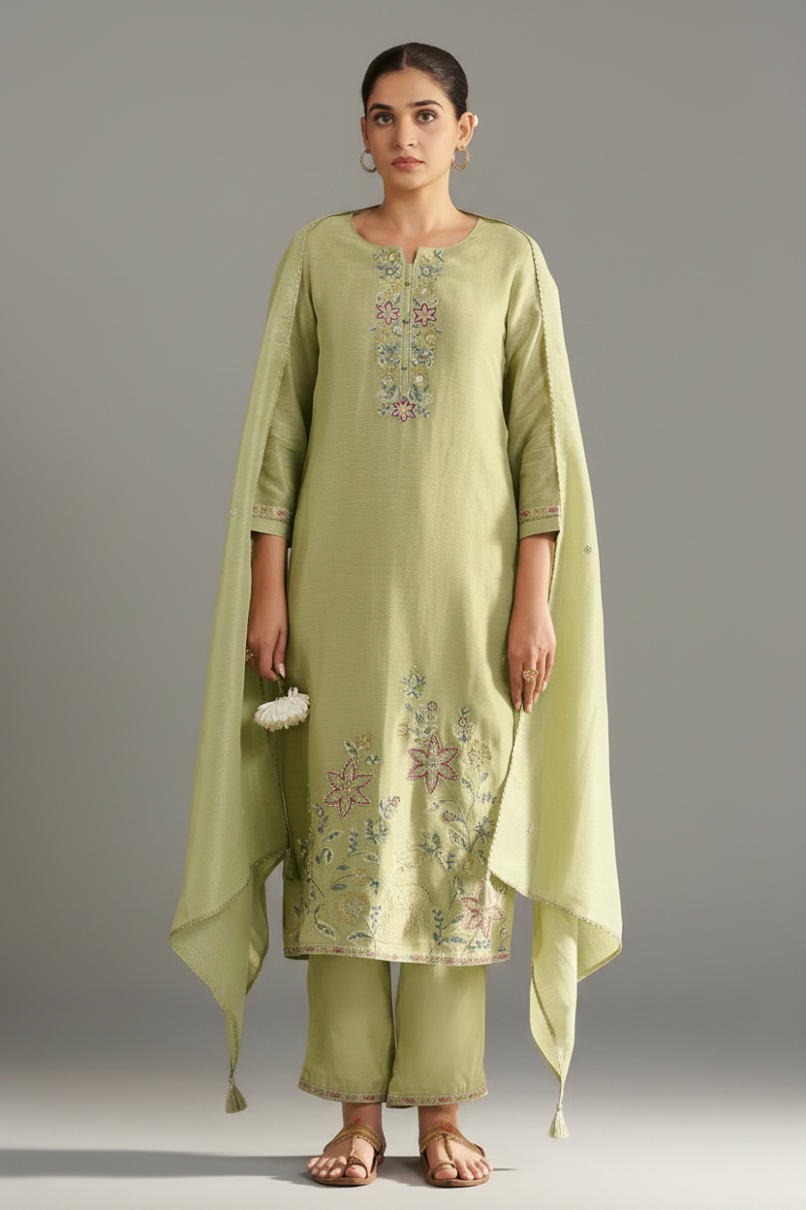 Soft Olive Shimmer Linen Embroidered Kurta Set