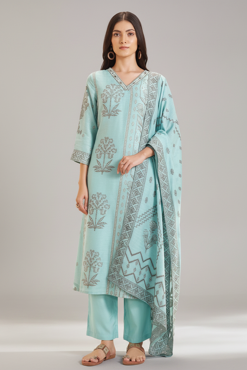 Powder Aqua Botanica Linen Jacquard Kurta set