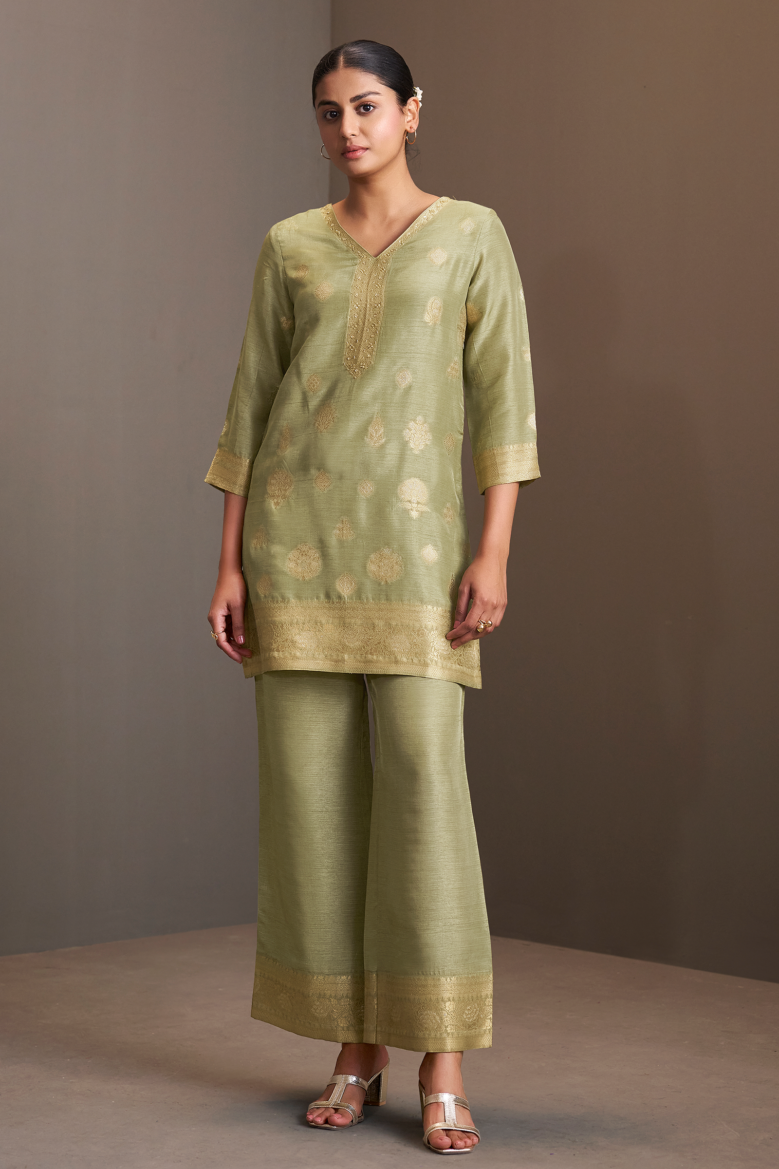 Sage Gold Linen Jacquard Co-Ord Set