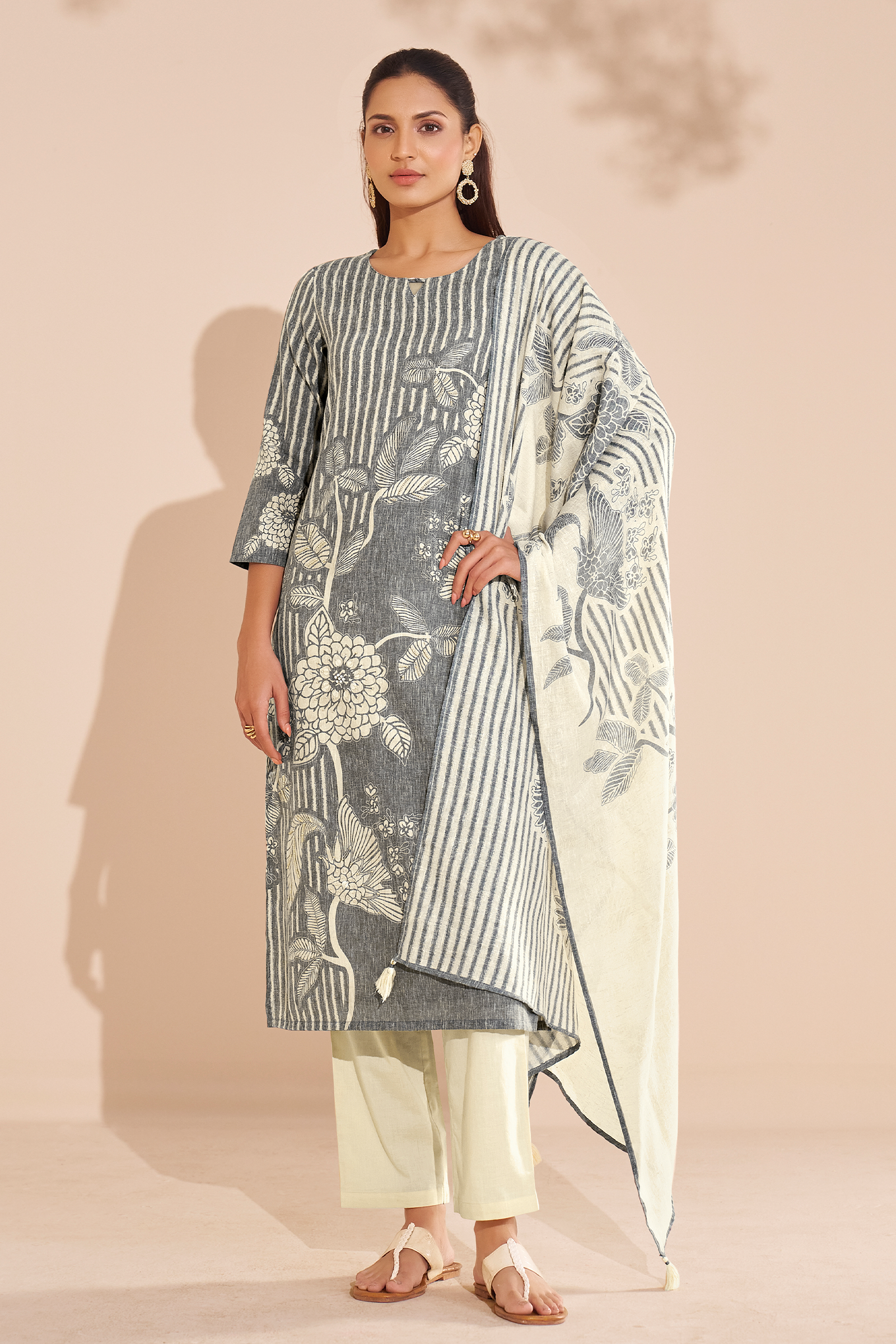Ash Grey Cotton Linen Digital Printed Kurta Set