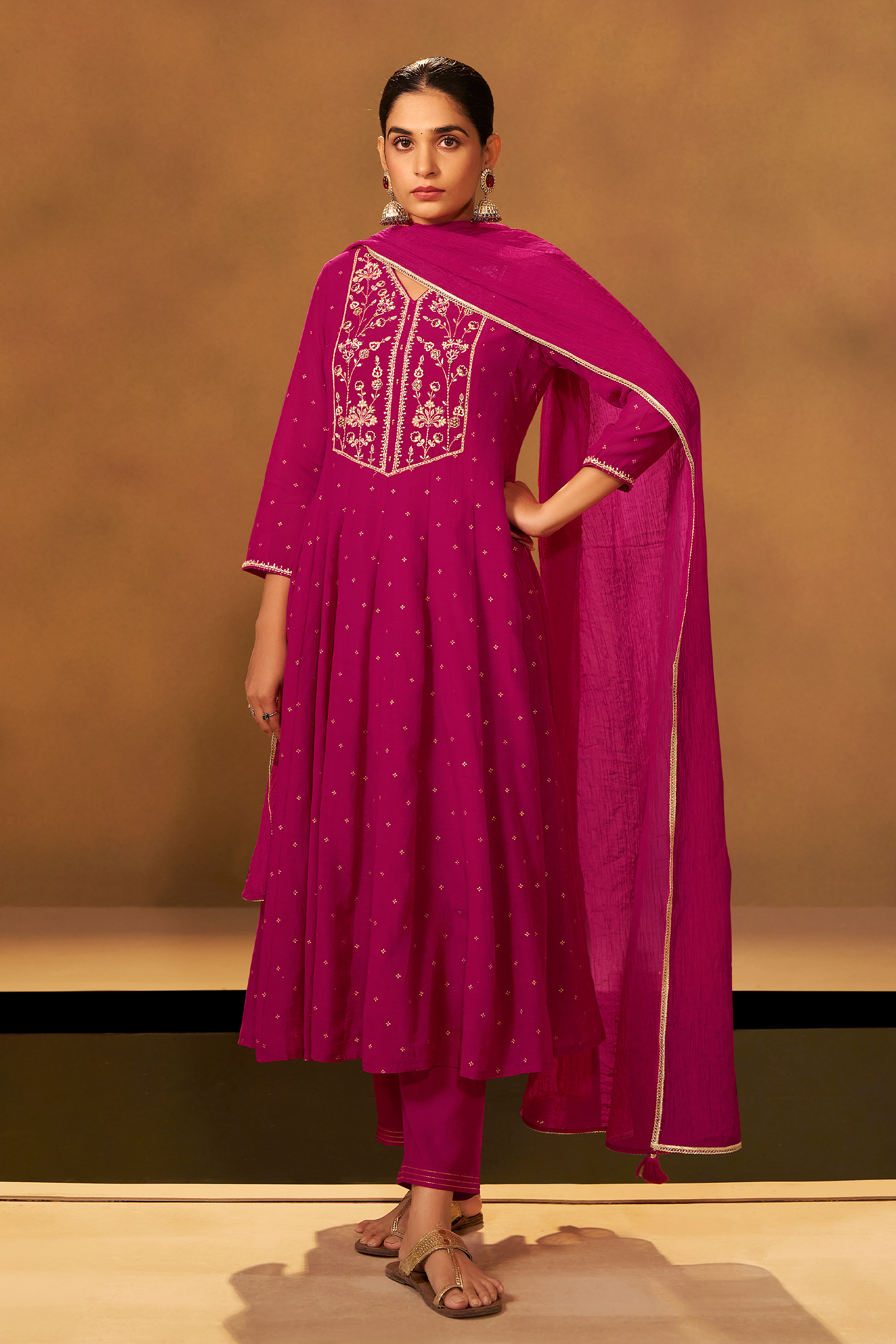 Bold Magenta Mul Chanderi Table Print Anarkali Kurta Set