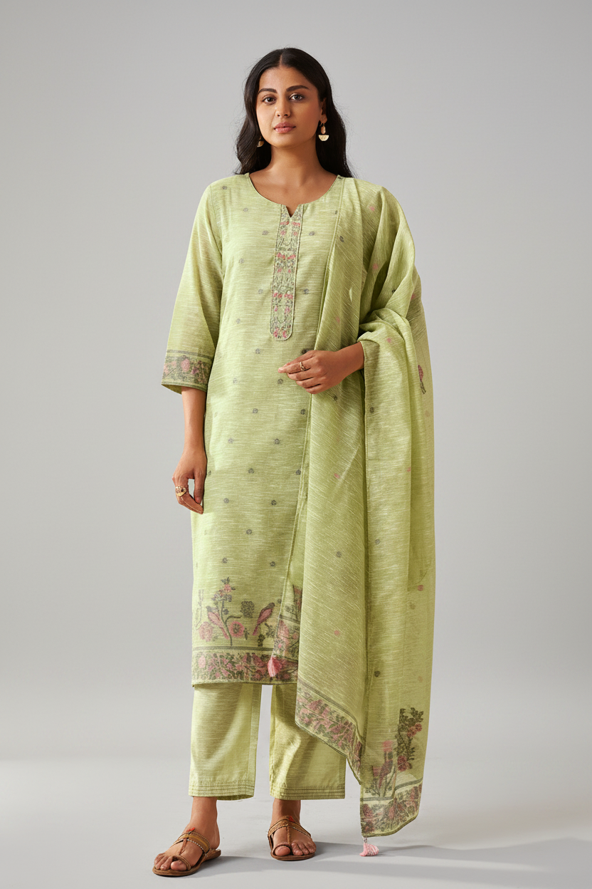 Sage Garden Linen Chanderi Jacquard Kurta Set