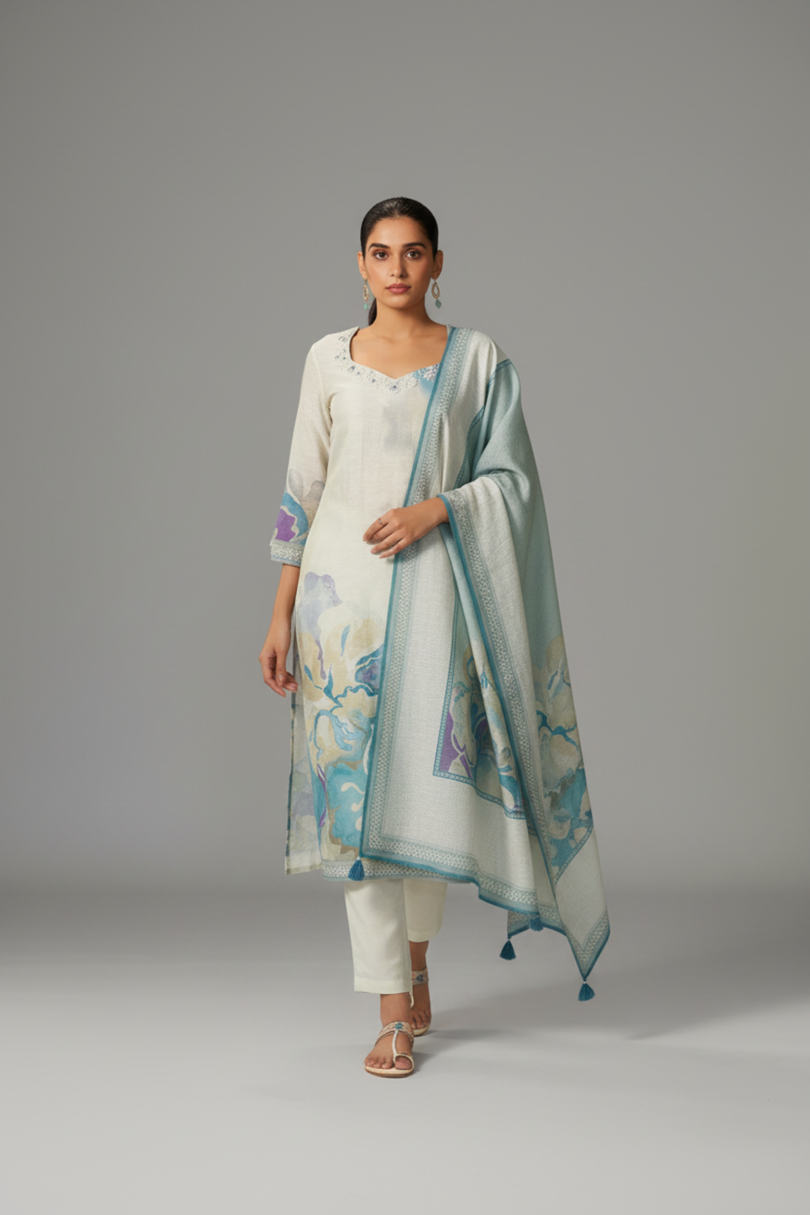 Powder Blue Mist Digital Printed Linen Kurta Set