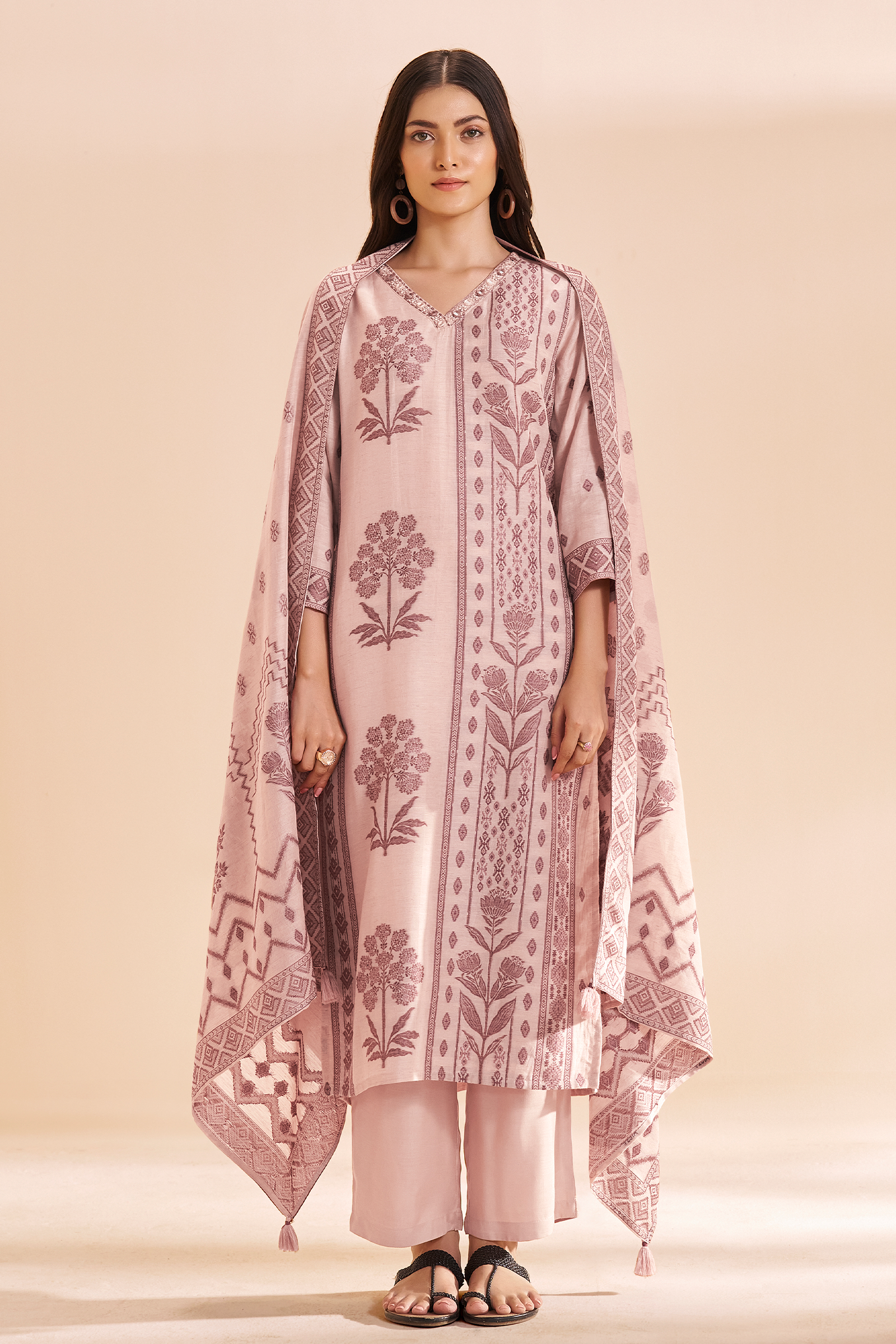 Blush Mocha Linen Jacquard Kurta Set