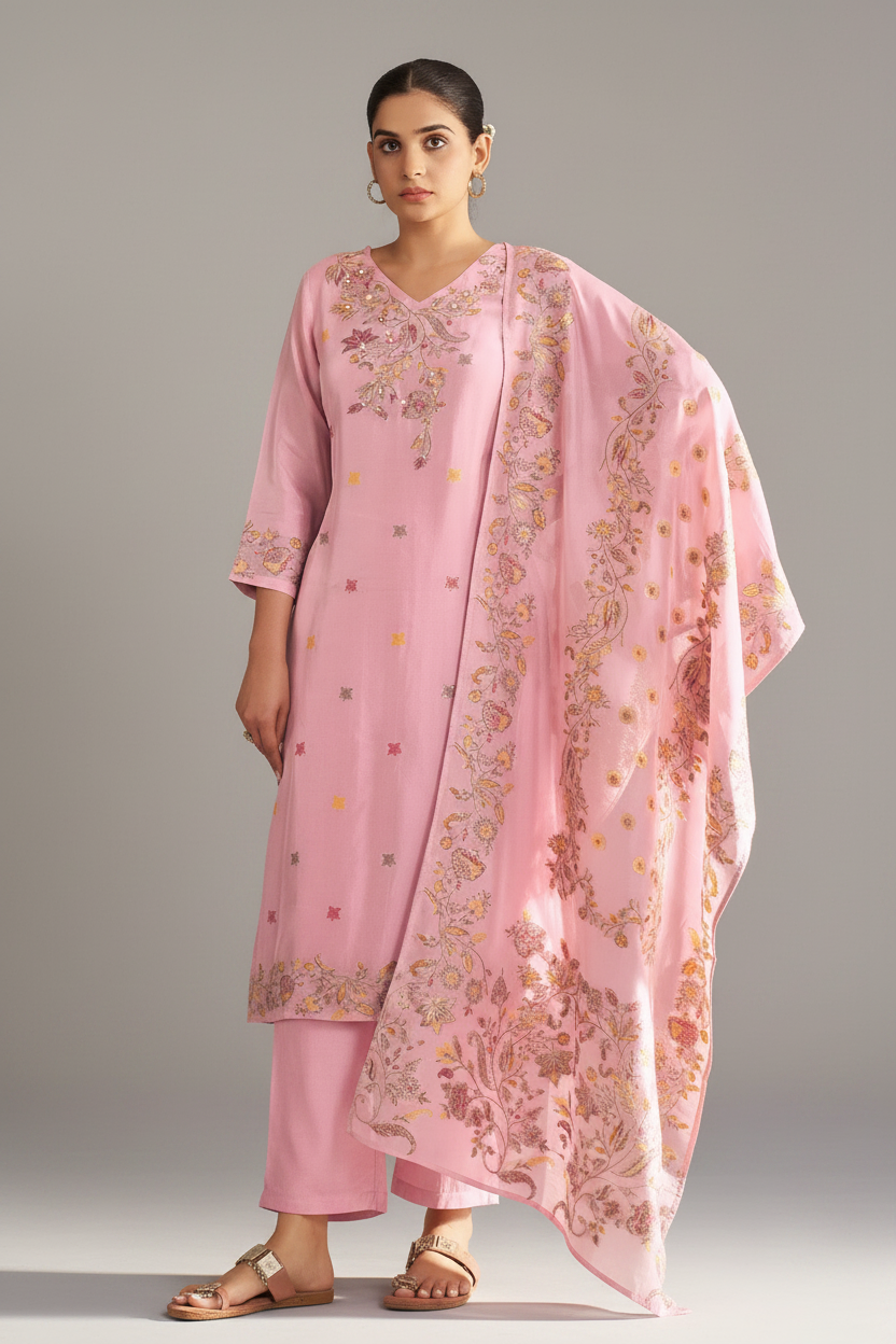 Soft Peony Chanderi Multi-Meena Work Jacquard Kurta Set