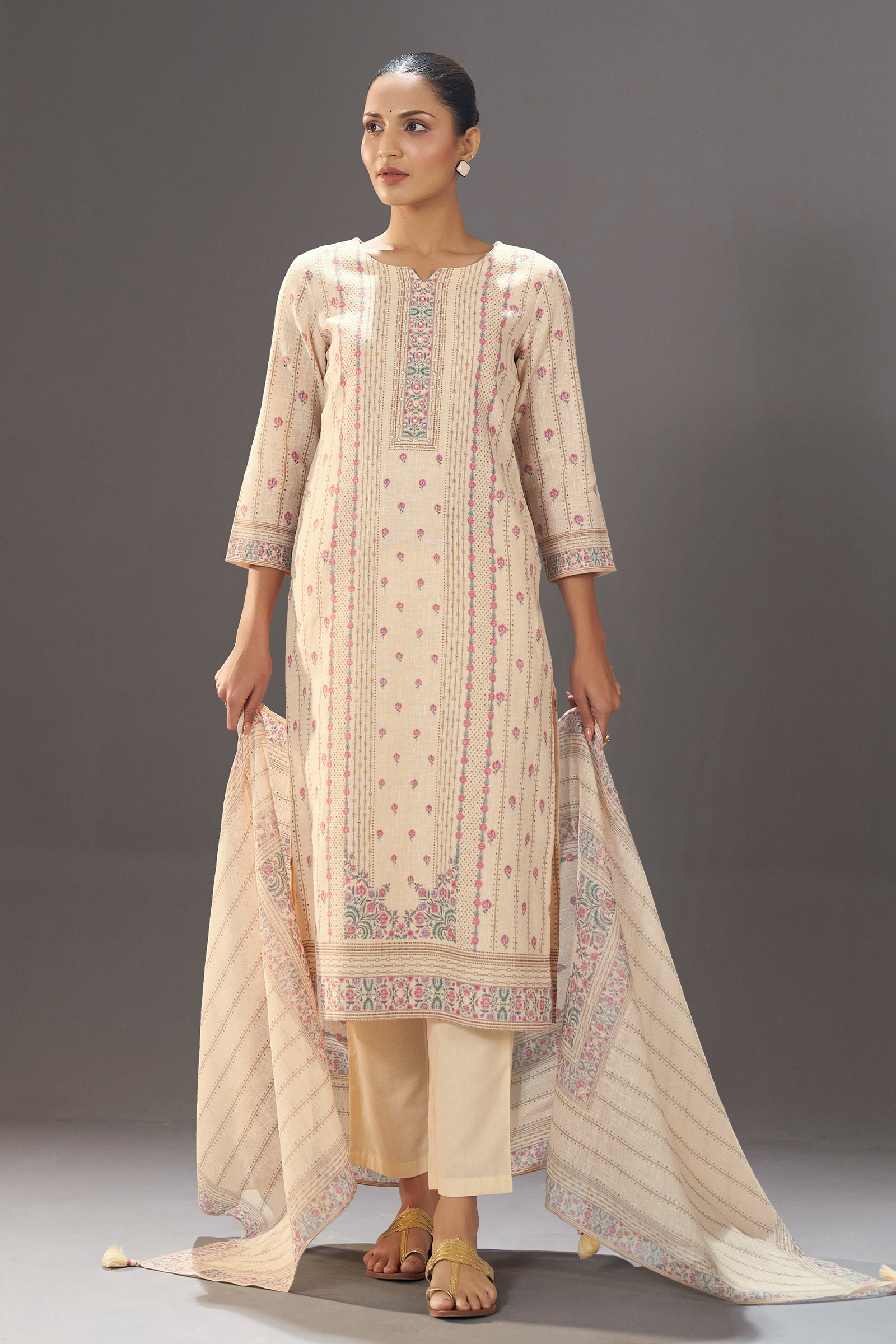 Ivory Petal Vine Linen Cotton Digital Printed Kurta Set