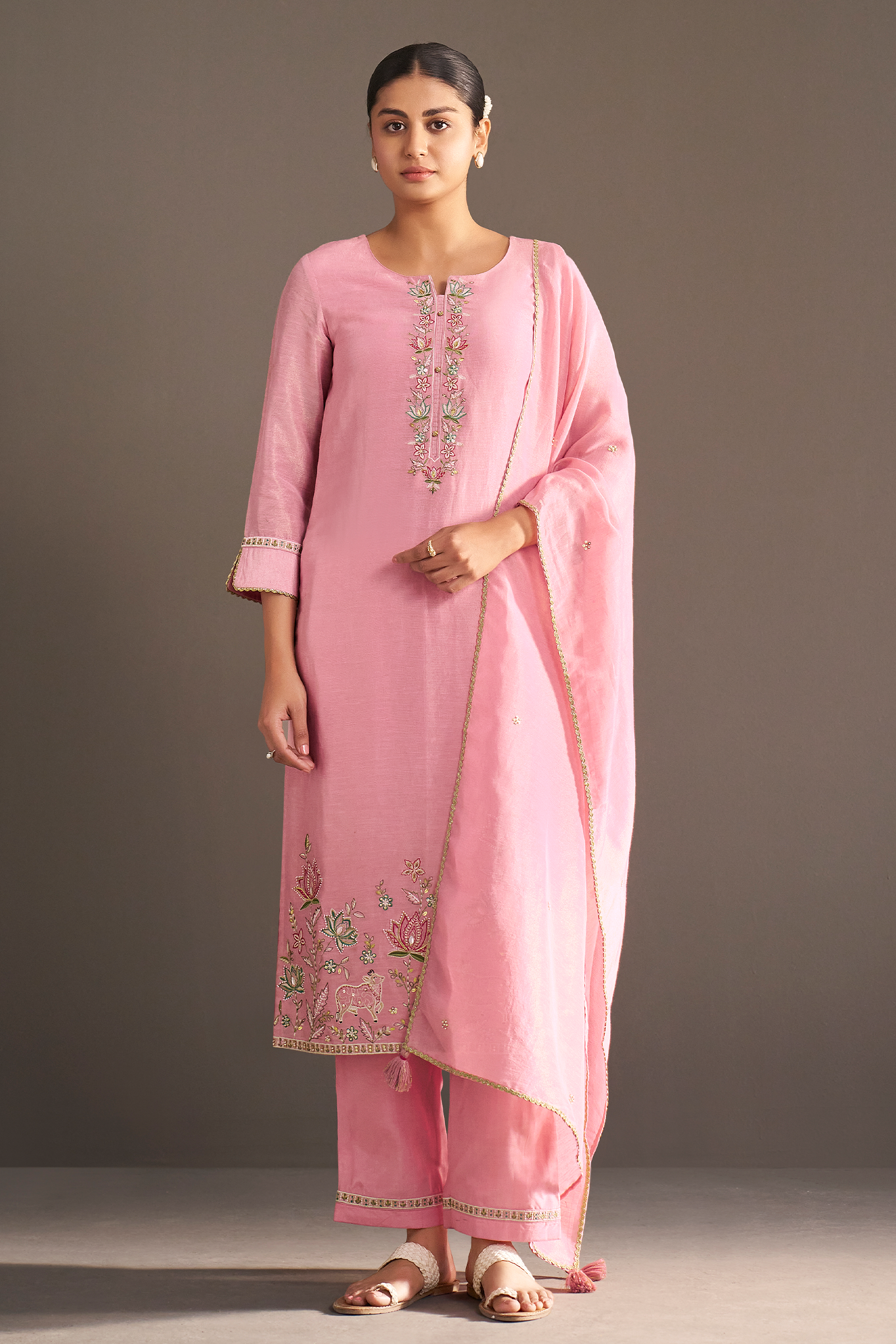 Powder Rosé Shimmer Linen Embroidered Kurta Set