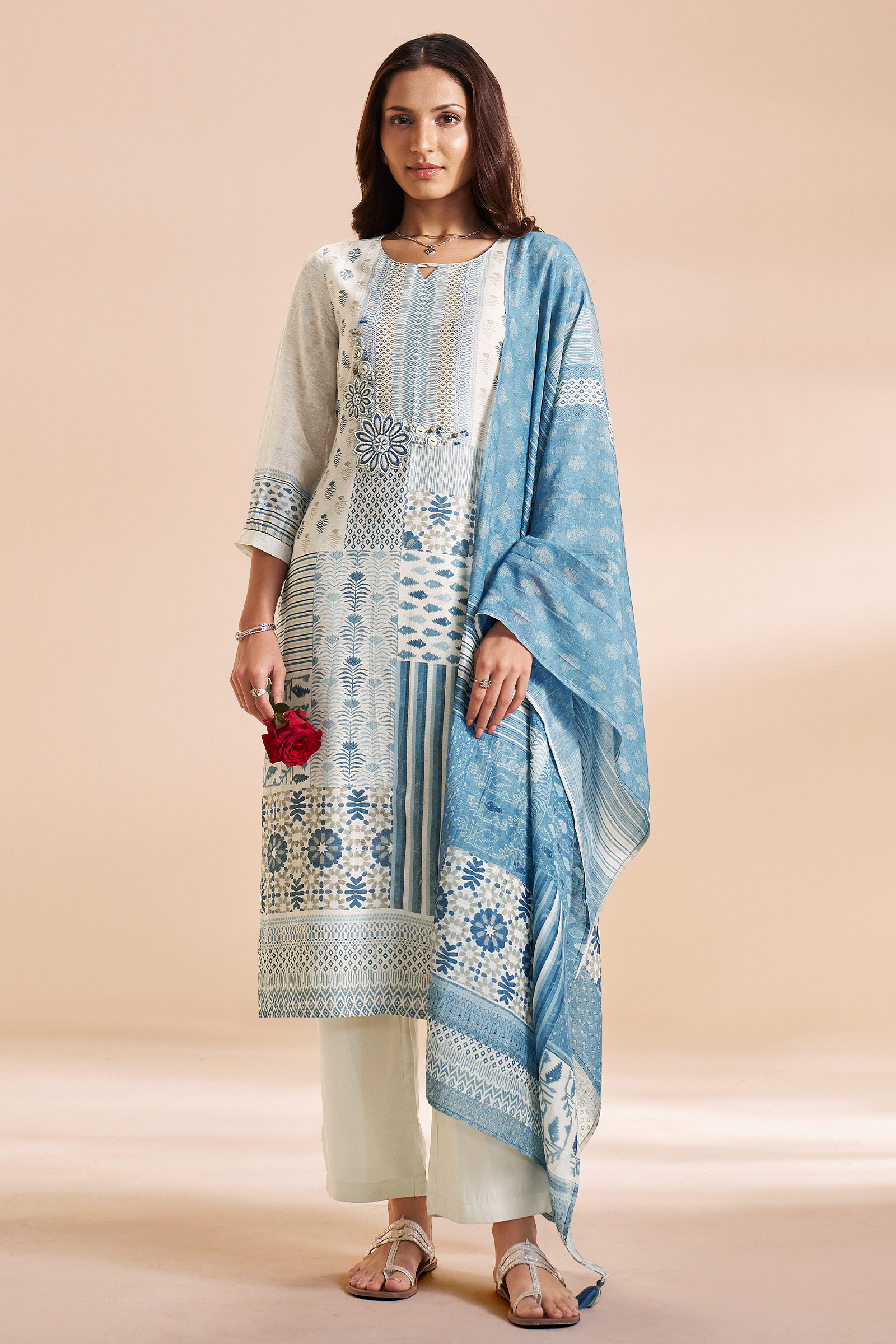 Moonstone white aqua Mosaic Pure Chanderi Digital Printed Kurta Set