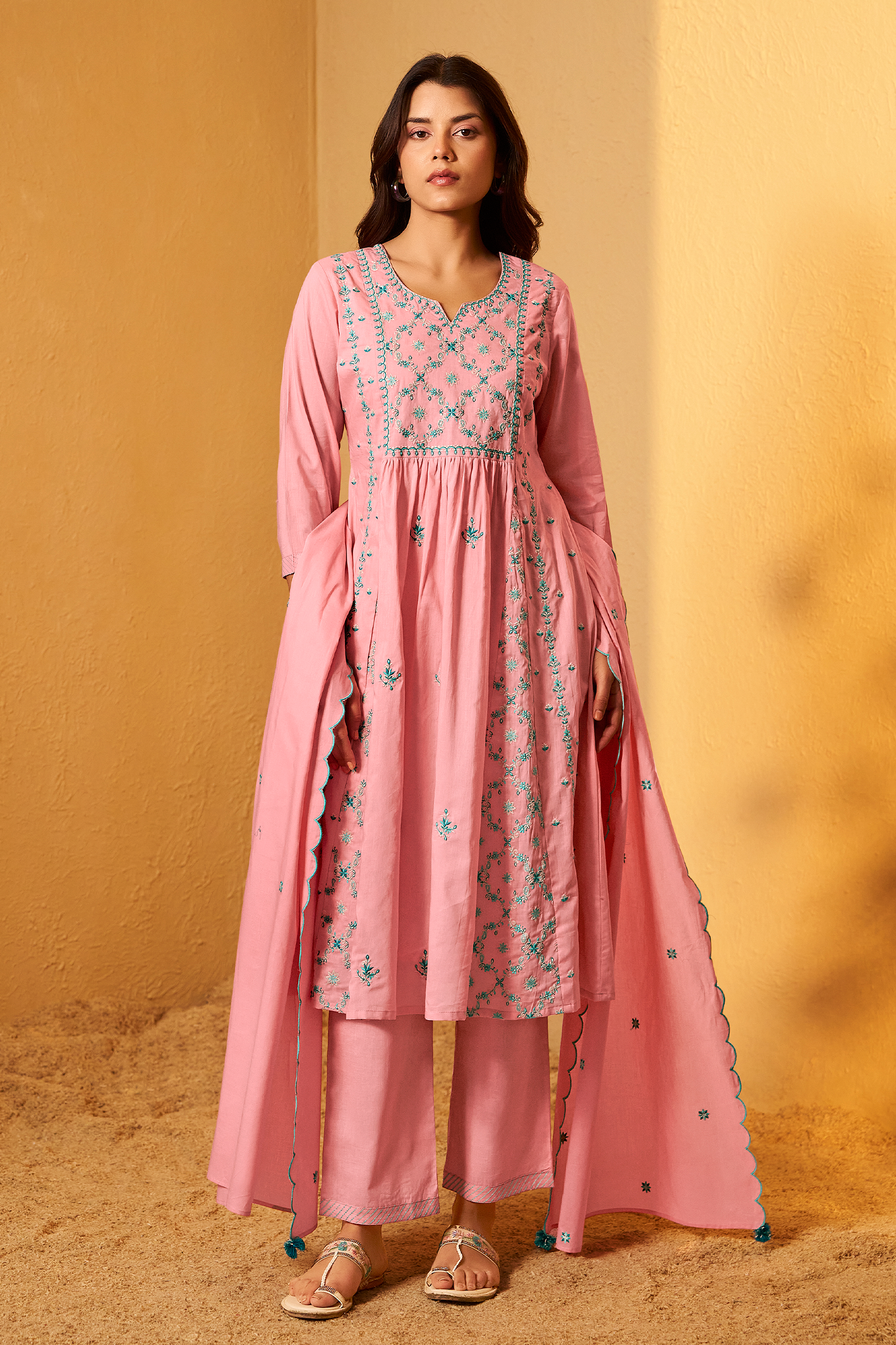 Gulabi Mist A-Line Cotton Embroidery Kurta Set