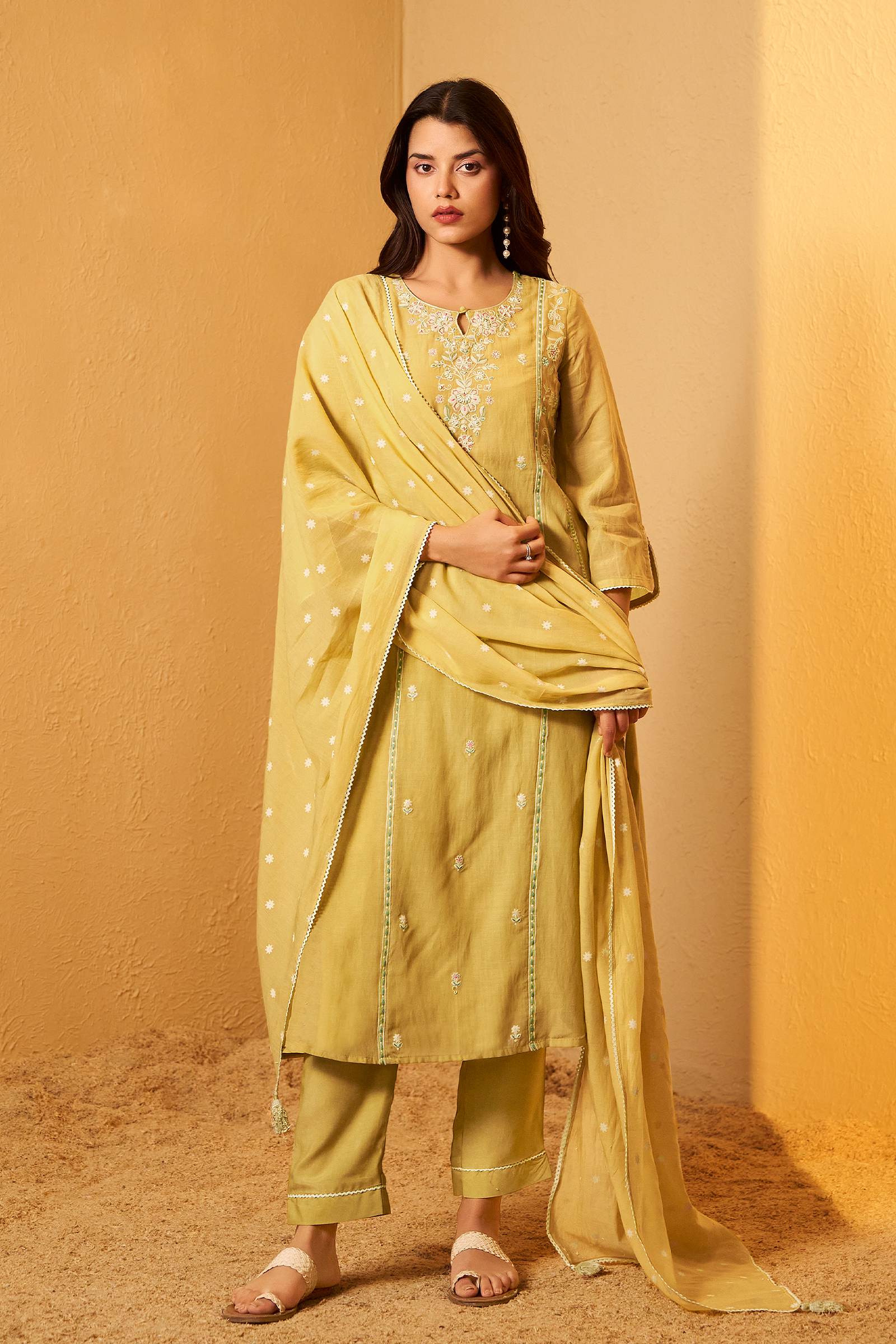Sunlit Ochre Mul Chanderi A-Line Embroidery Kurta Set