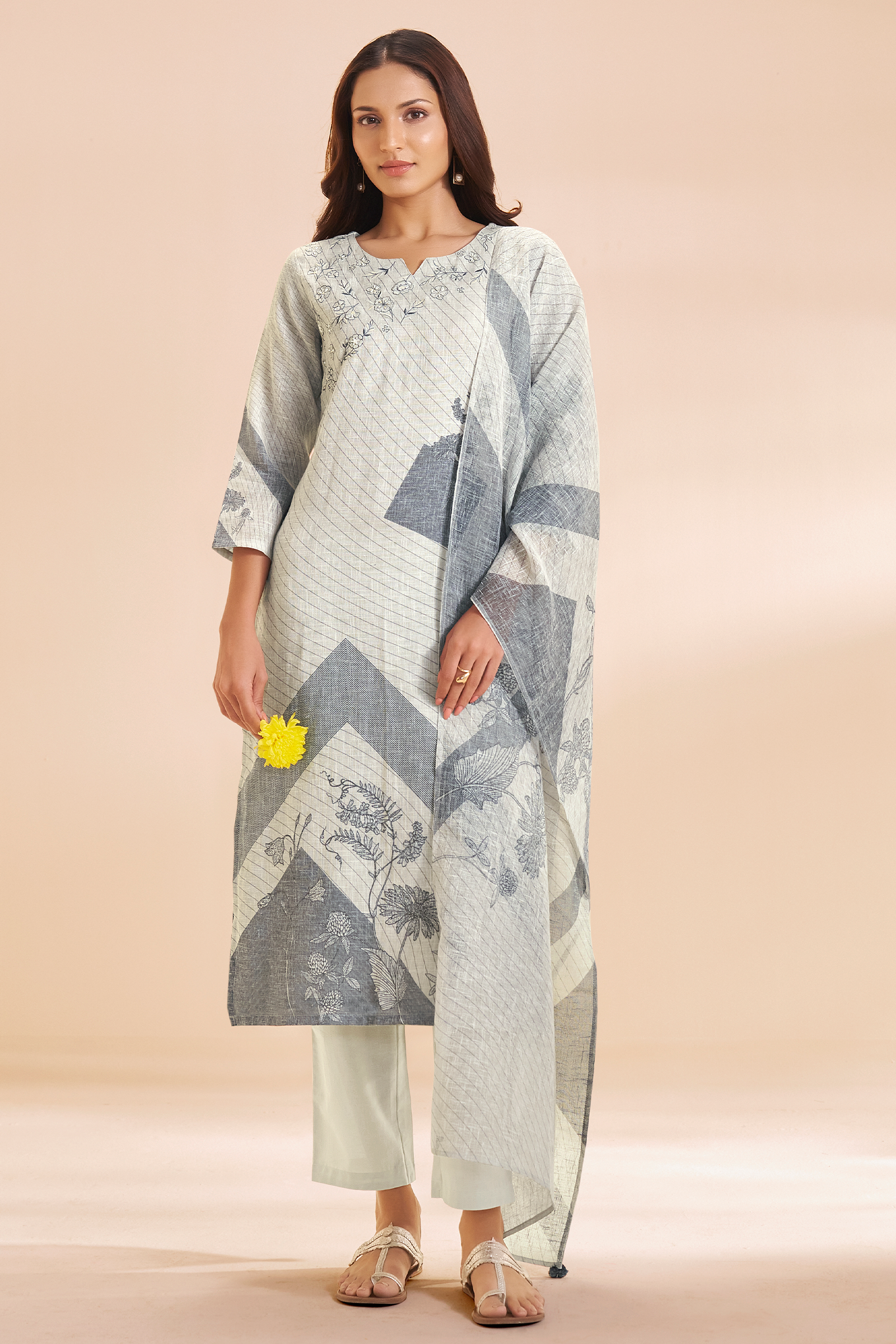 Silver Ash Linen Cotton Digital Printed Kurta Set