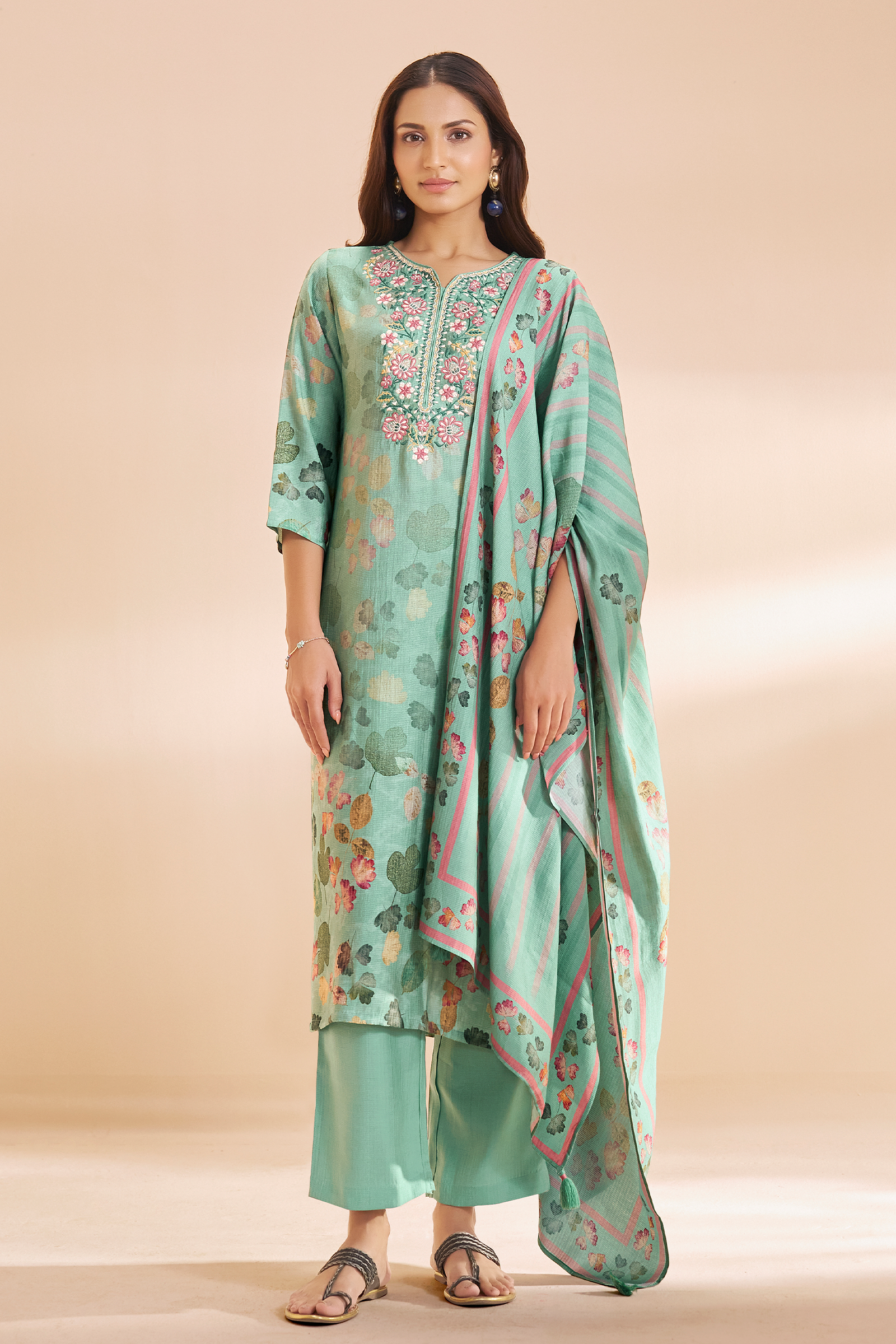 Soft Jade Digital Printed & Embroidered Viscose Kurta Set