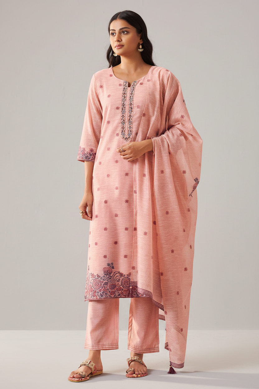 Truffle Pink Linen Chanderi Jacquard Kurta Set