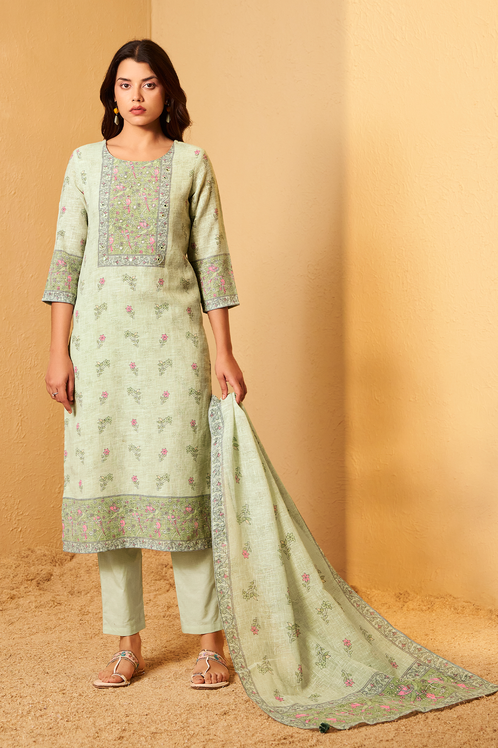 Ivory Mint Digital Printed Embroidered Kurta Set