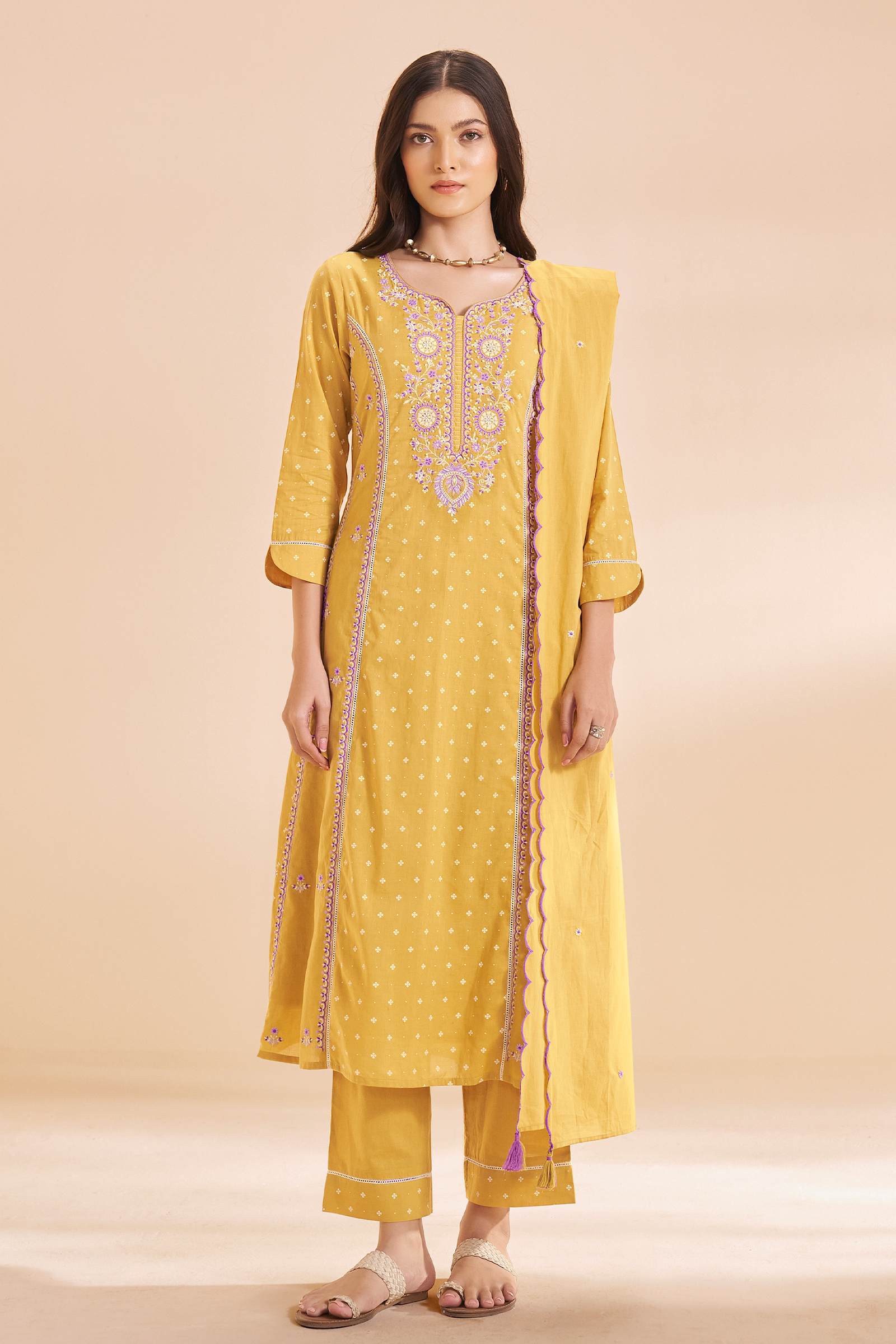 Golden Mimosa Table Print Embroidered Kurta Set