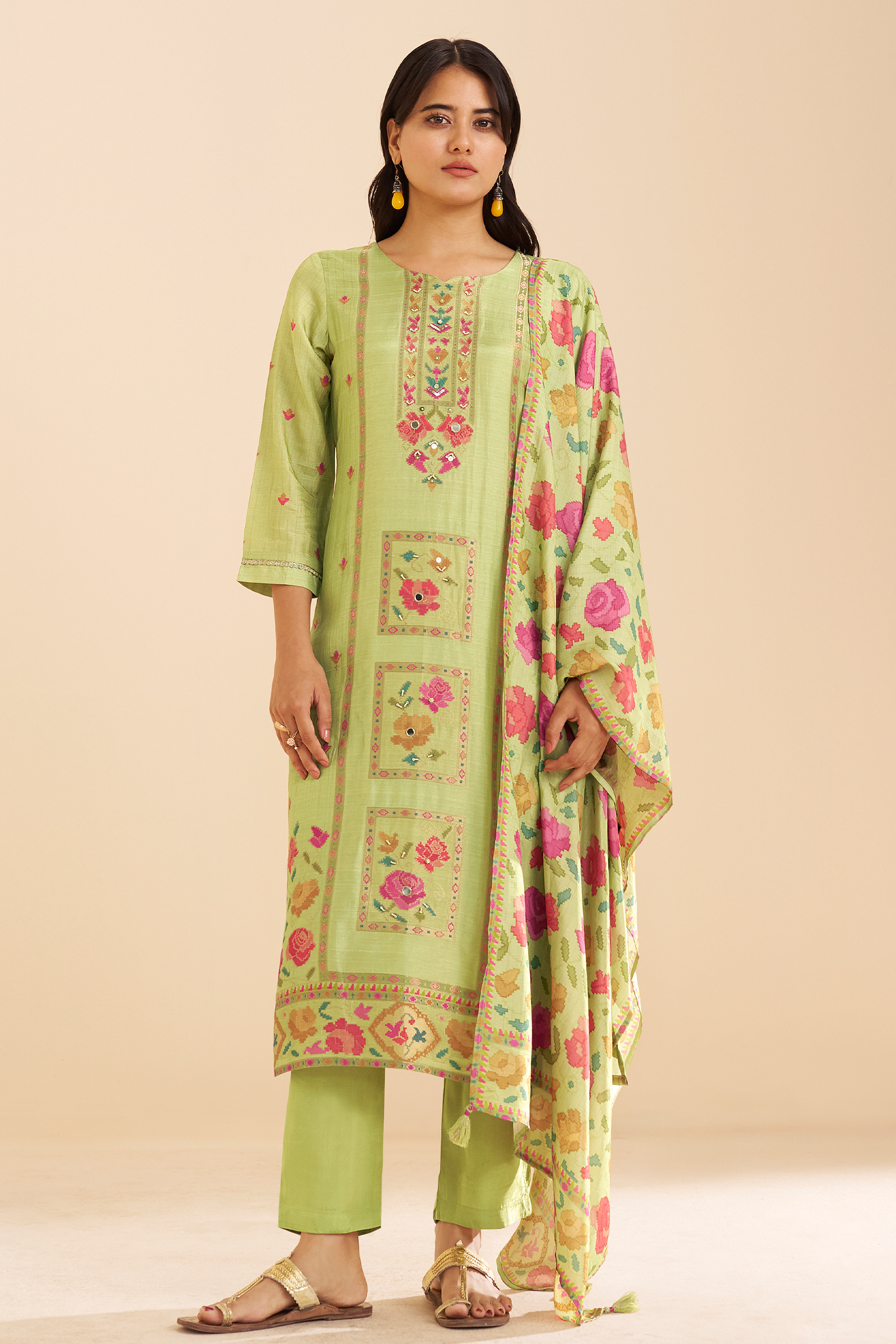 Pistachio Bloom Printed Viscose Jacquard Kurta Set