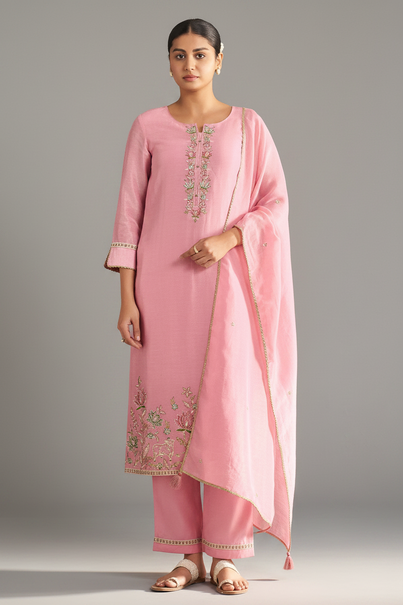Powder Rosé Shimmer Linen Embroidered Kurta Set
