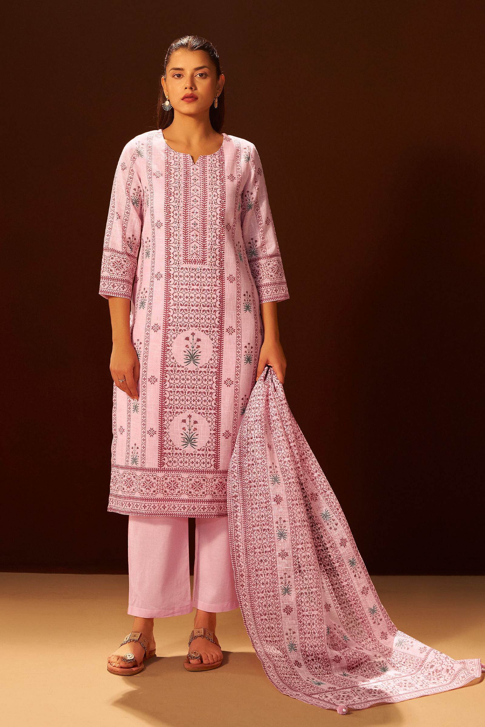 Pastel Rosé Linen Cotton Digital Print Kurta Set