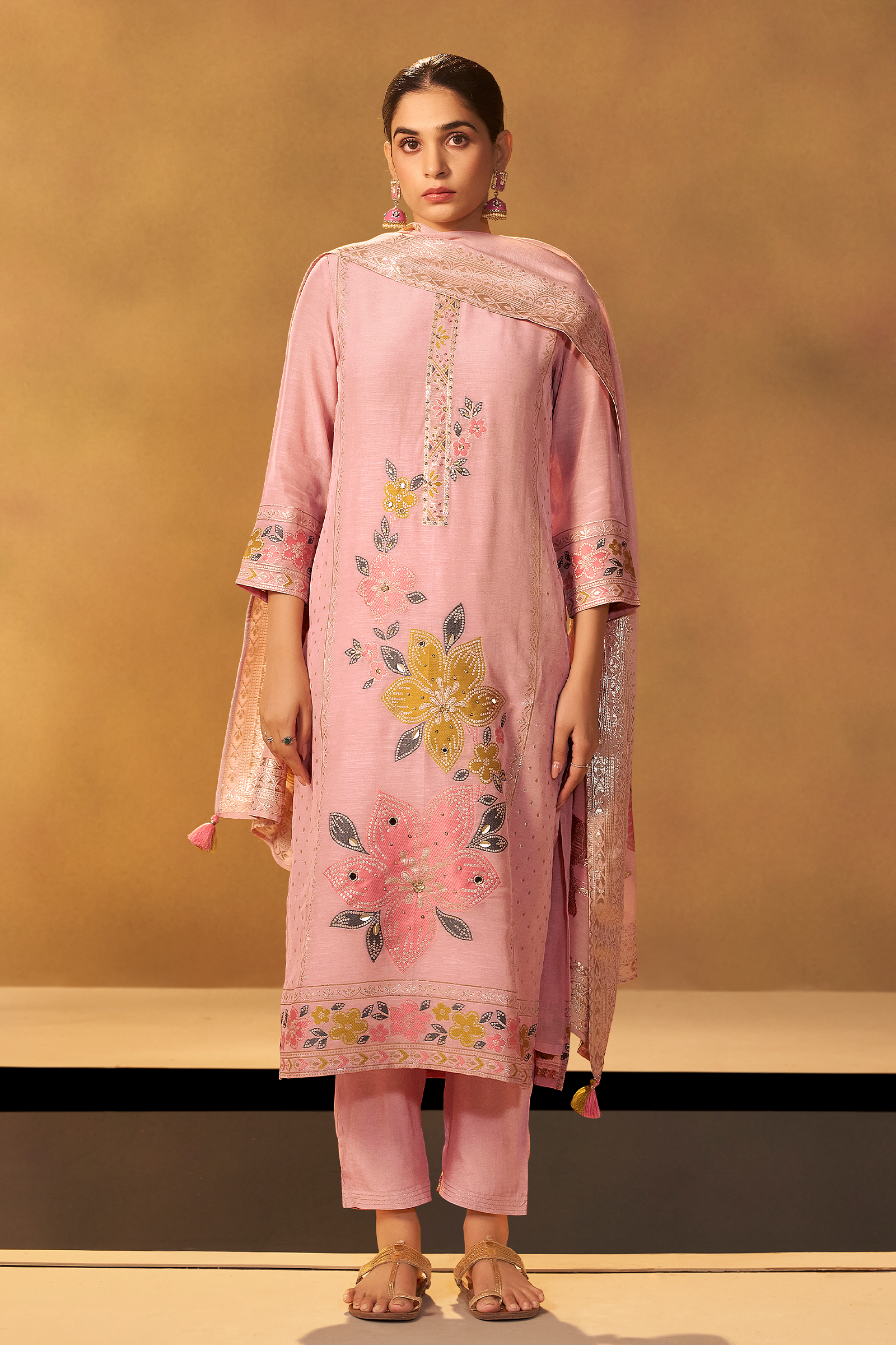 Blush Apricot Linen Jacquard Multi Meena Kurta Set