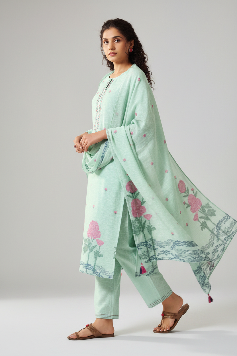 Mint Peony Linen Chanderi Jacquard Kurta Set
