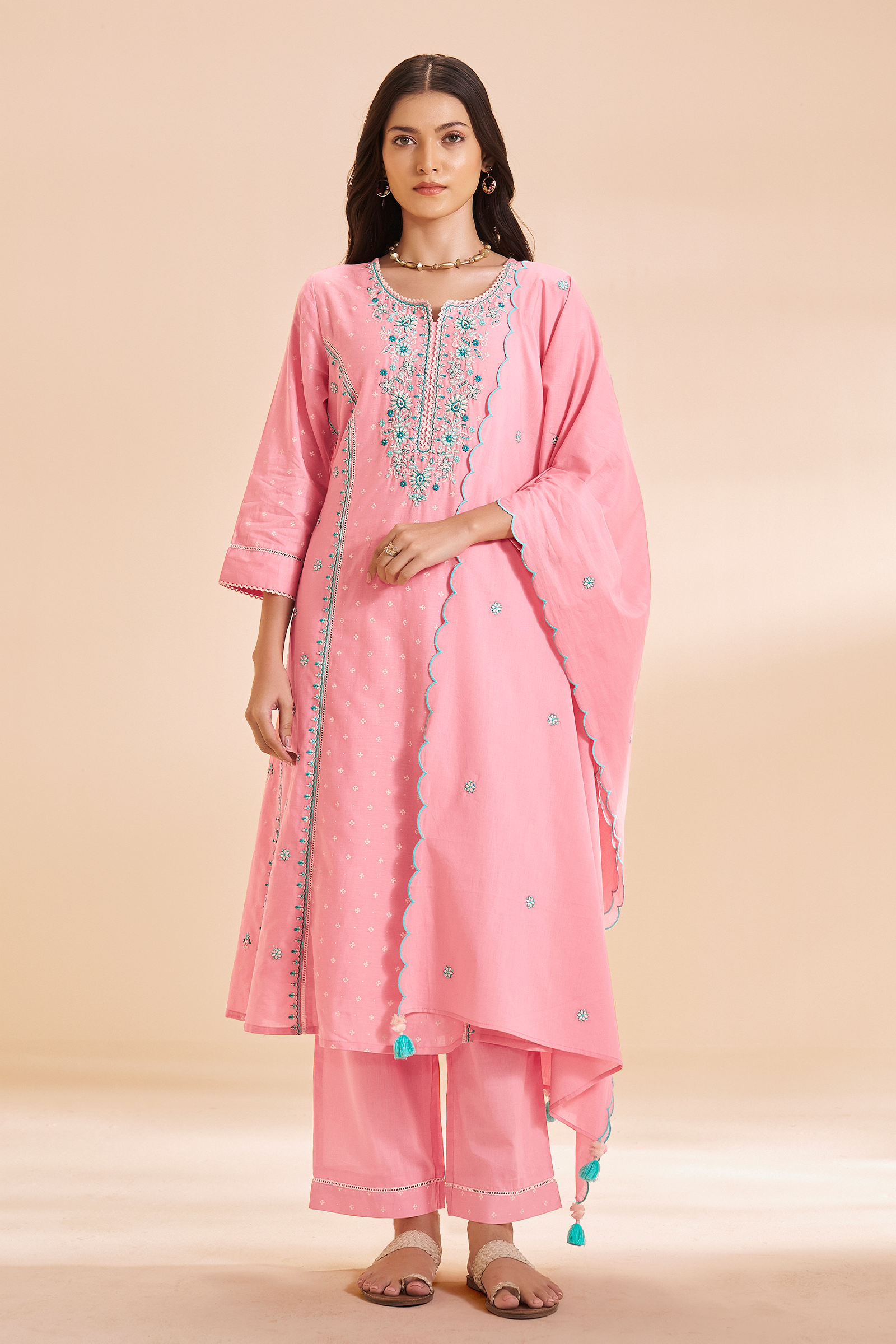 Rosy Flamingo Table Print Embroidered Kurta Set