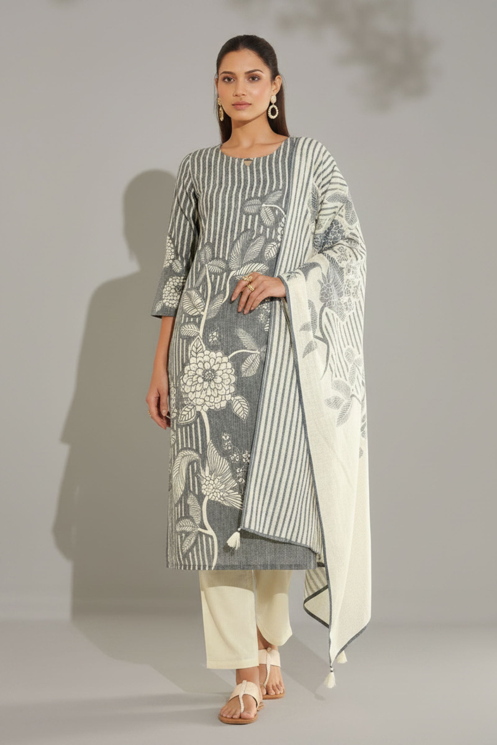 Ash Grey Cotton Linen Digital Printed Kurta Set