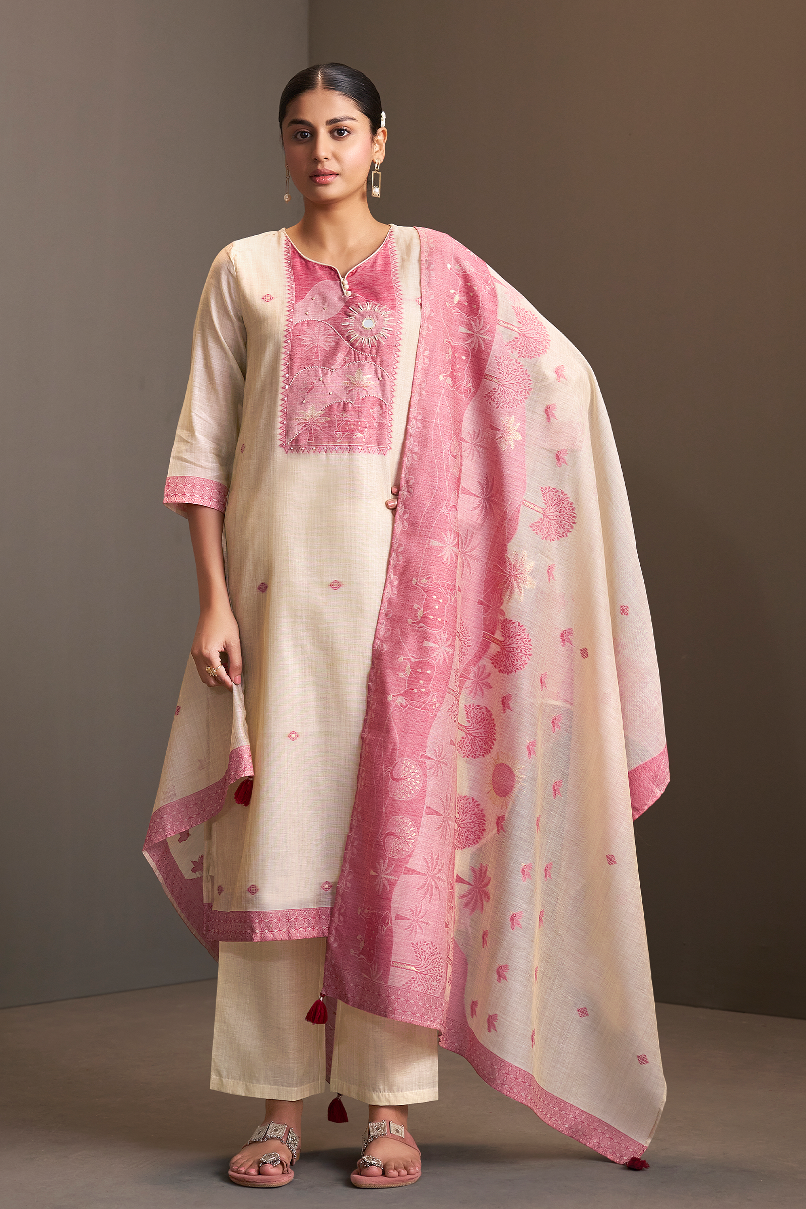 Rosewood Ivory Linen Chanderi Jacquard Kurta Set