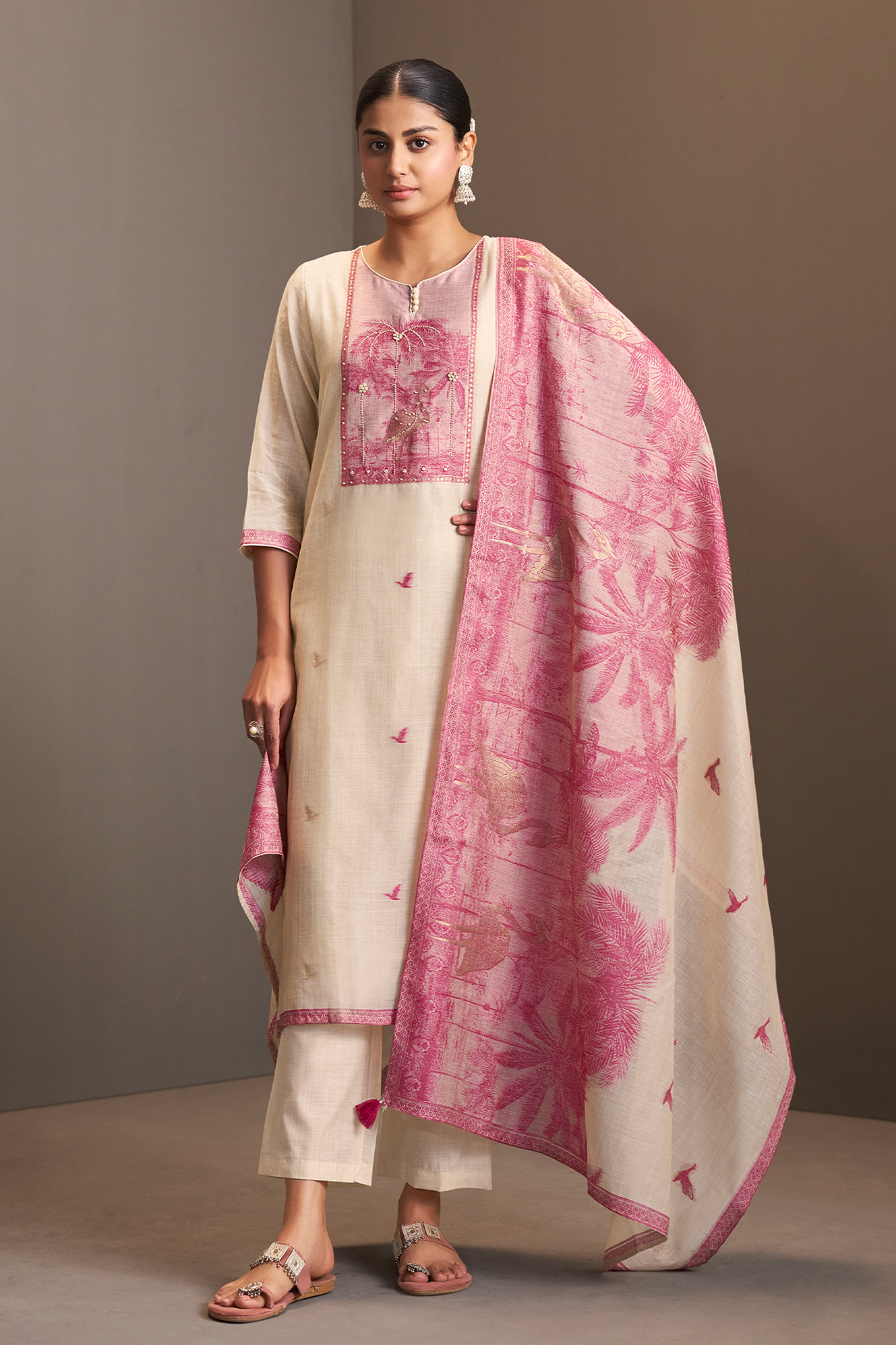 Soft Rosé Linen Chanderi Jacquard Kurta Set