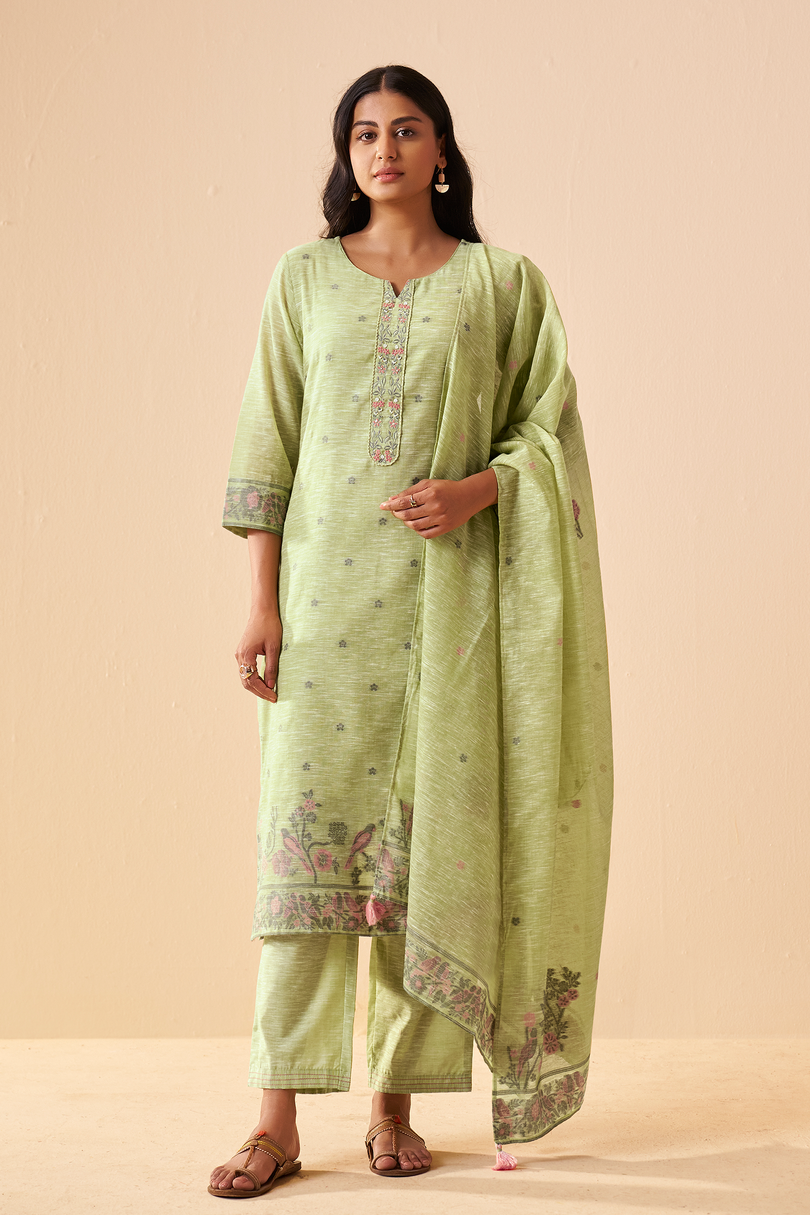 Sage Garden Linen Chanderi Jacquard Kurta Set