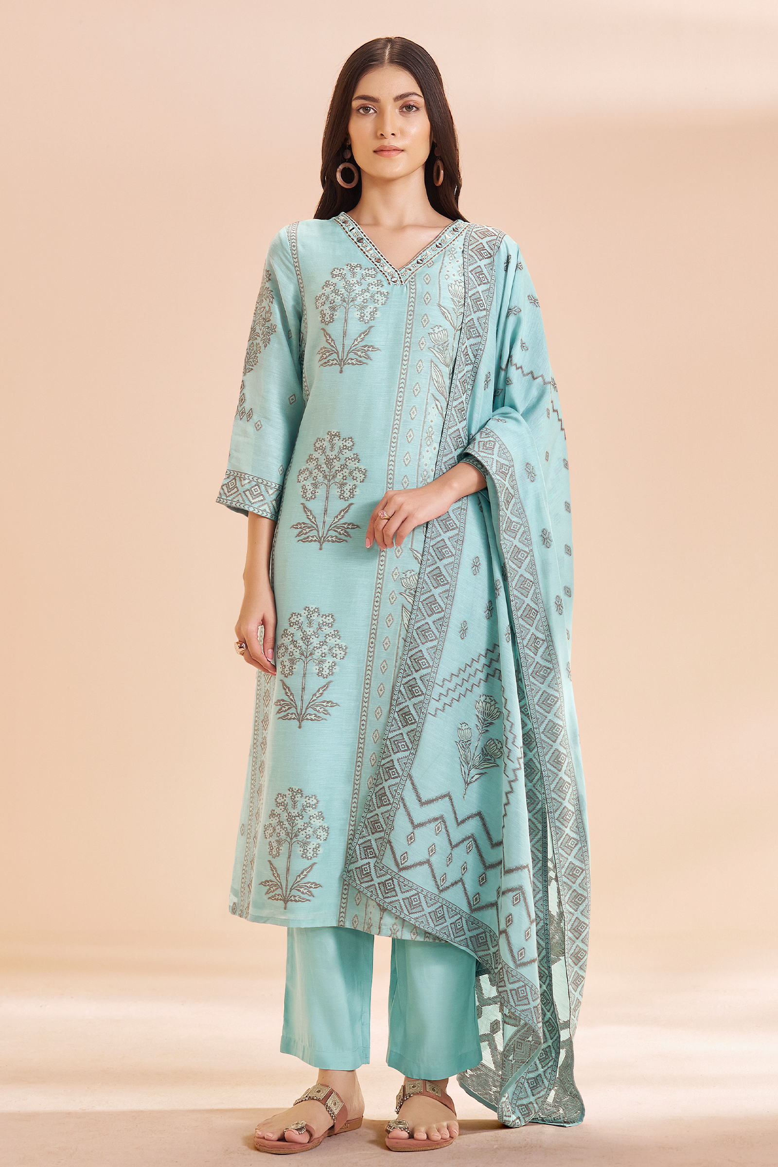 Powder Aqua Botanica Linen Jacquard Kurta set
