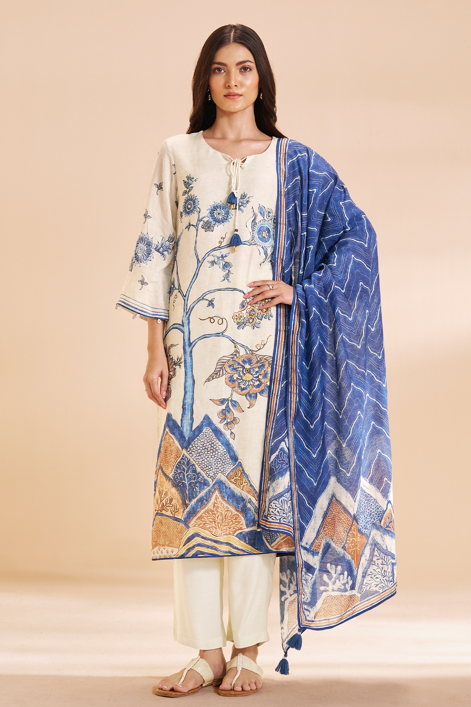 Ivory Azure Botanica Pure Chanderi Digital Printed Kurta Set