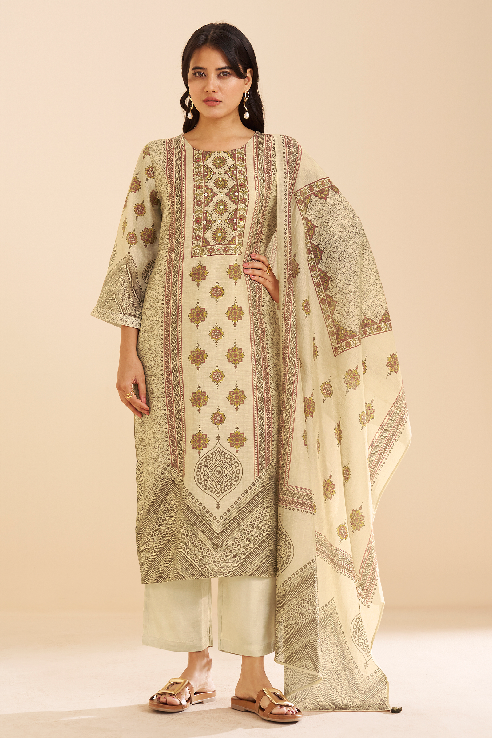 Mughal Parchment Shimmer linen Digital printed Kurta Set