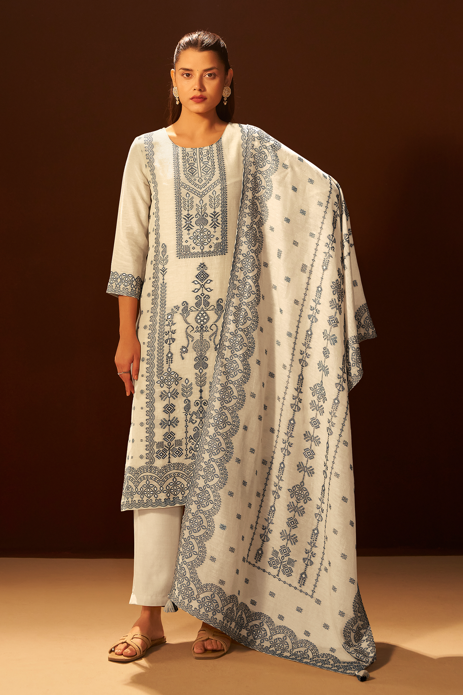 Moonstone Ivory Linen Jacquard Kurta Set