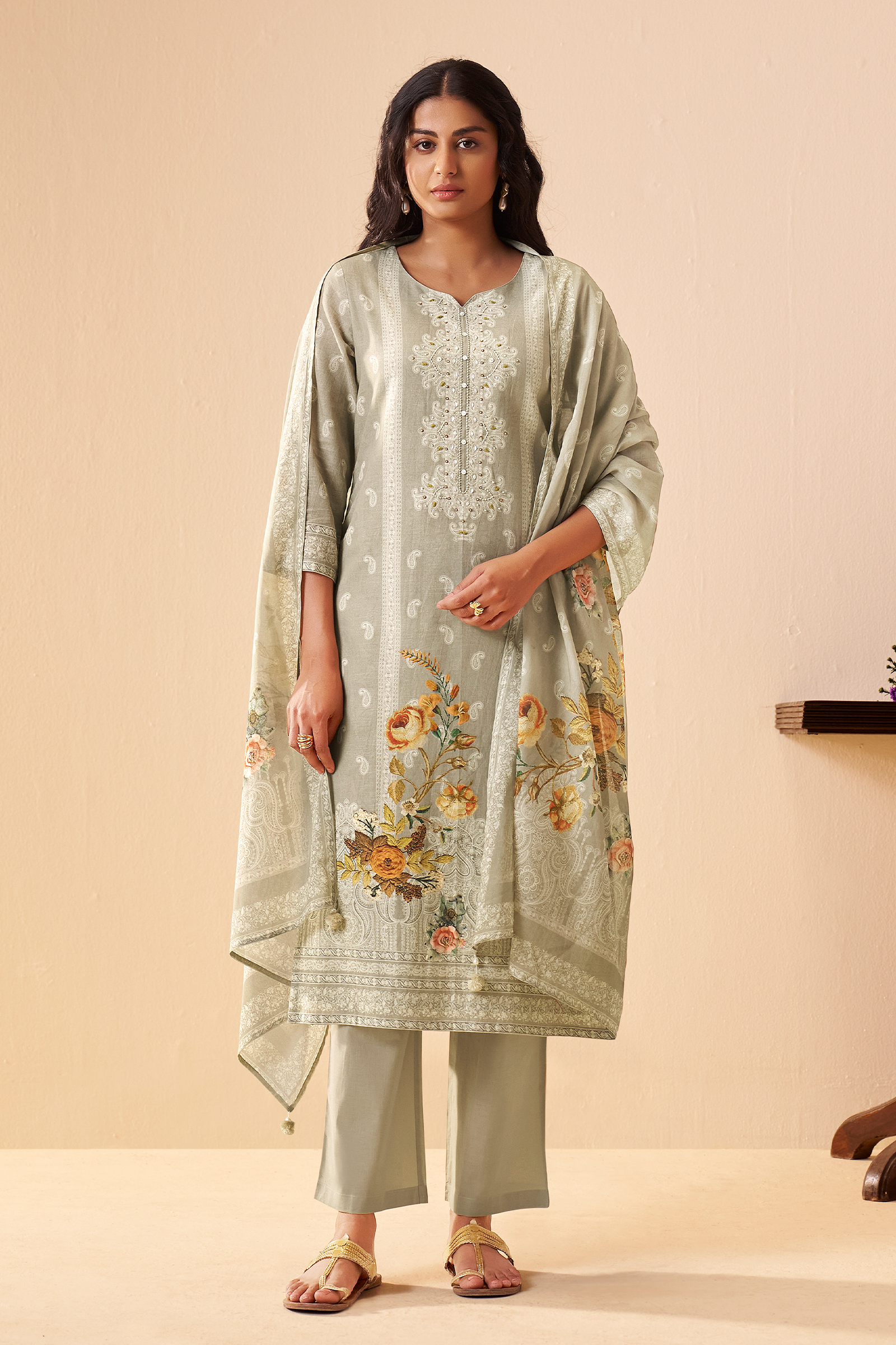 Sage Dune Cotton Linen Digital Printed Kurta Set