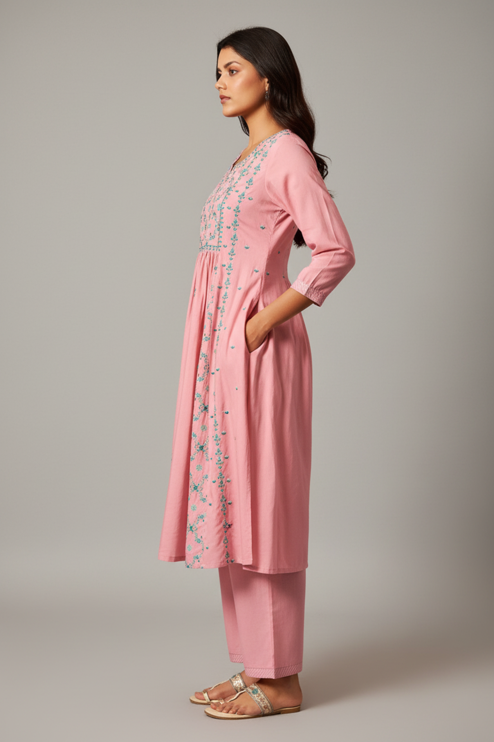 Gulabi Mist A-Line Cotton Embroidery Kurta Set