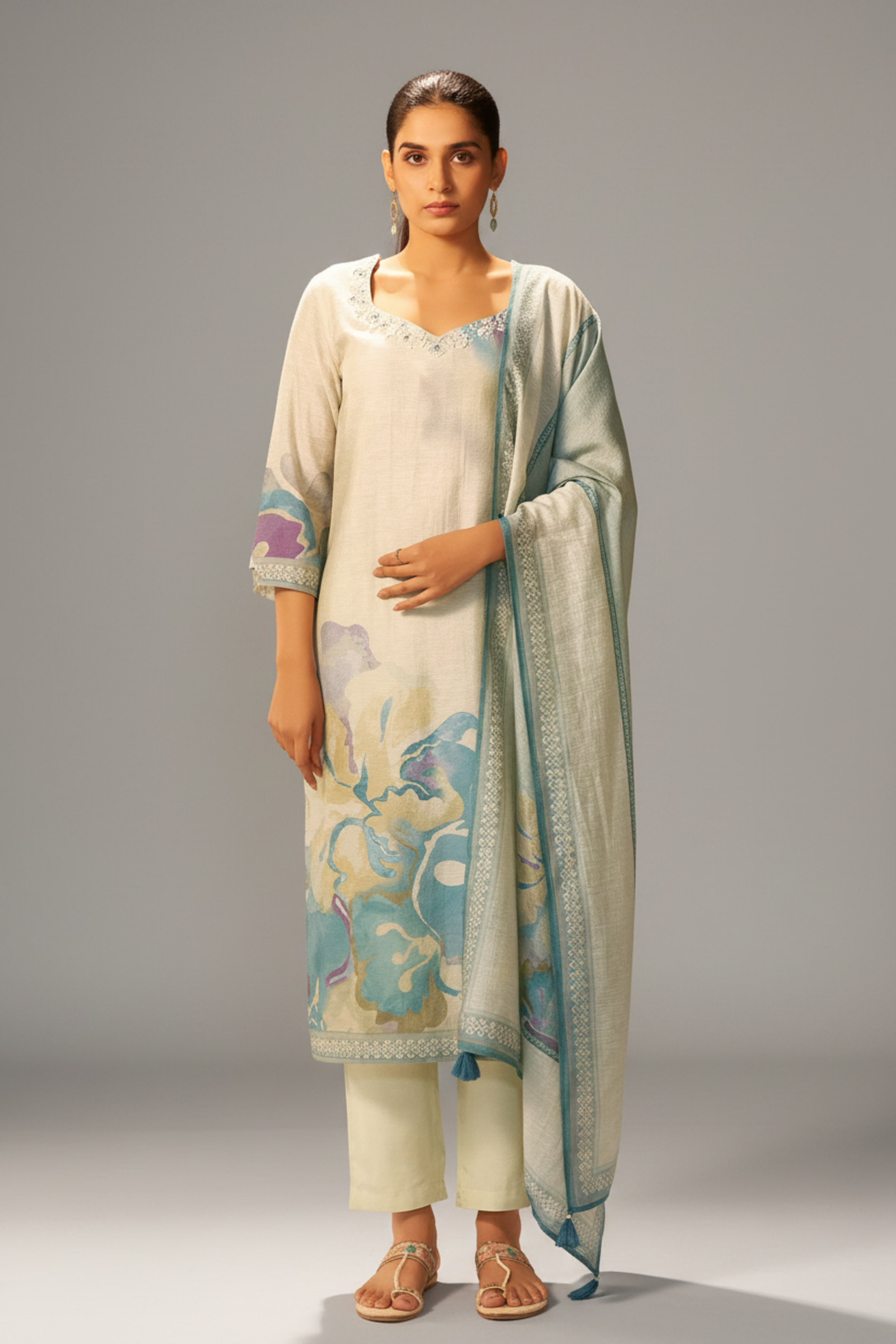Powder Blue Mist Digital Printed Linen Kurta Set