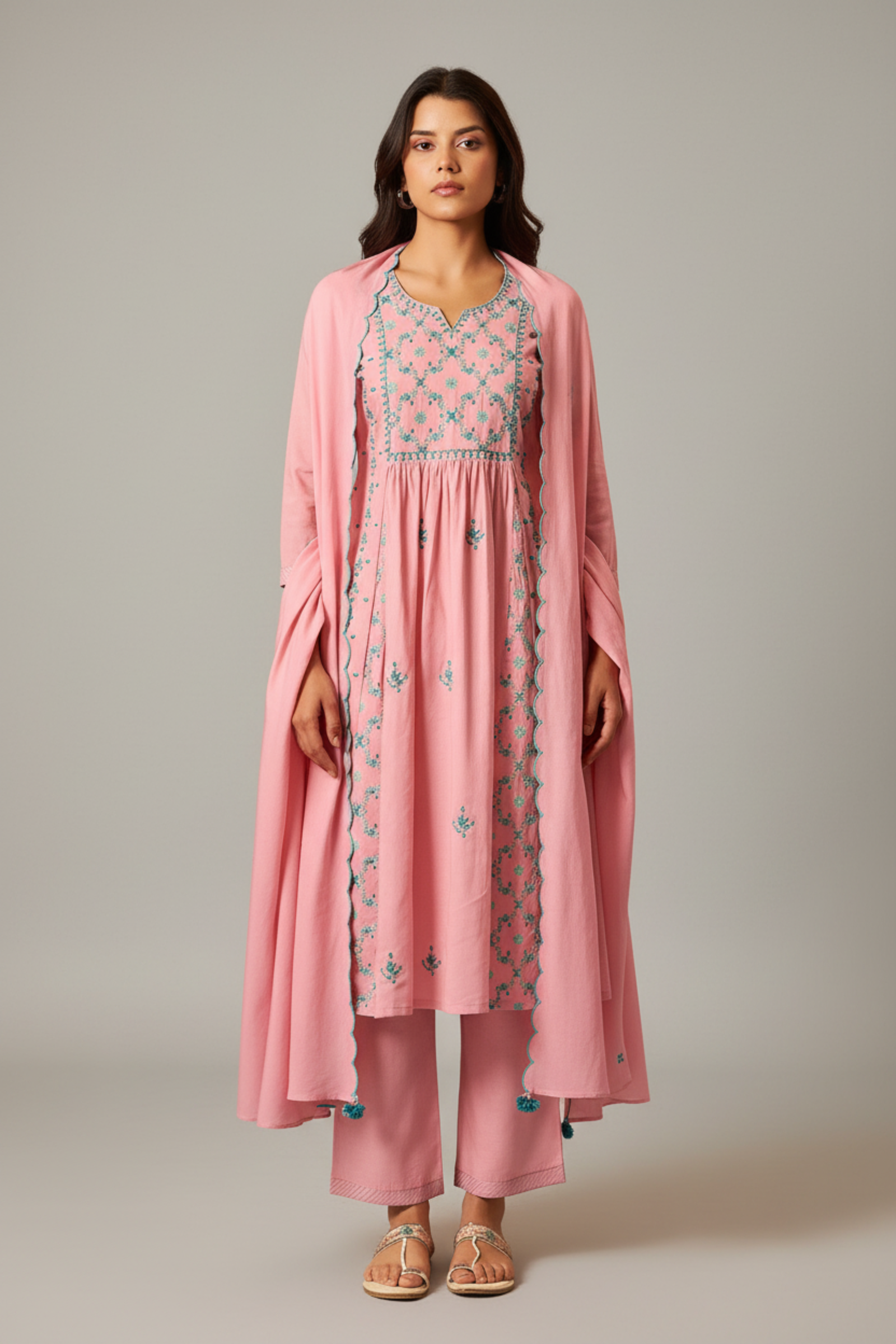 Gulabi Mist A-Line Cotton Embroidery Kurta Set