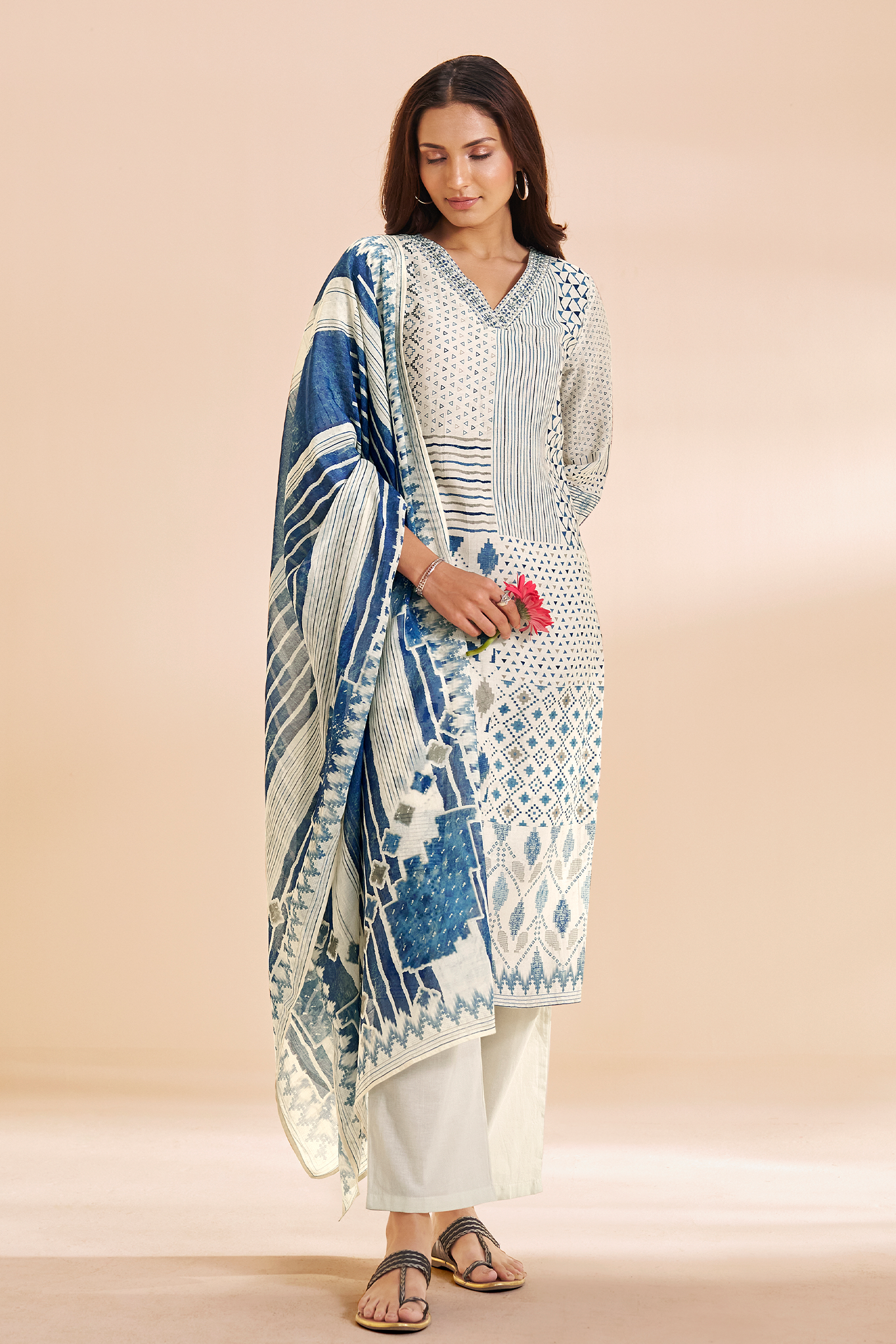 Porcelain White Mosaic Pure Chanderi Digital Printed Kurta Set