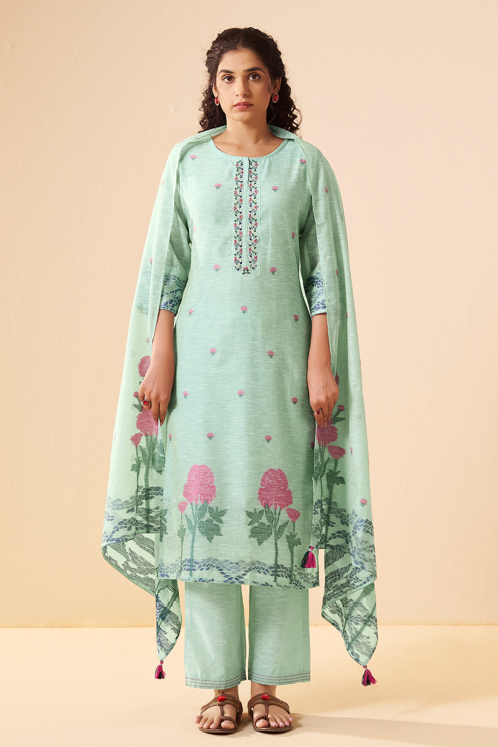 Mint Peony Linen Chanderi Jacquard Kurta Set