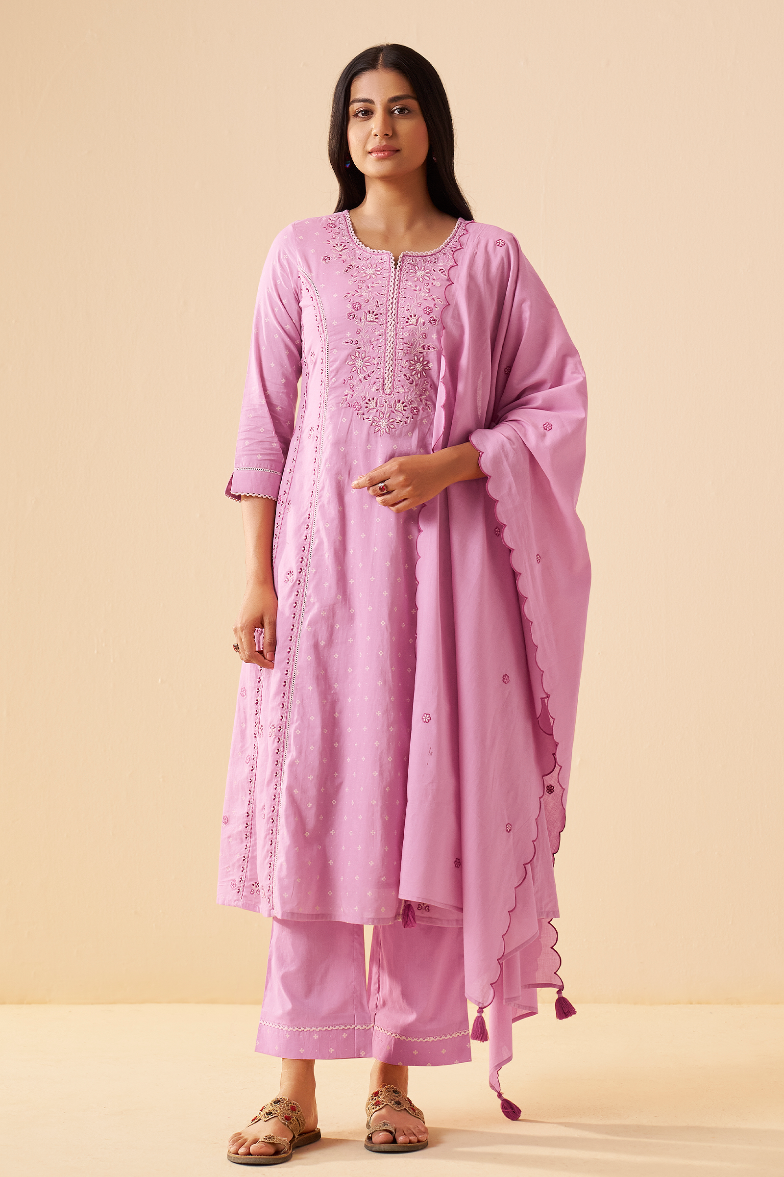 Lilac Blush Table Print Embroidered Kurta Set