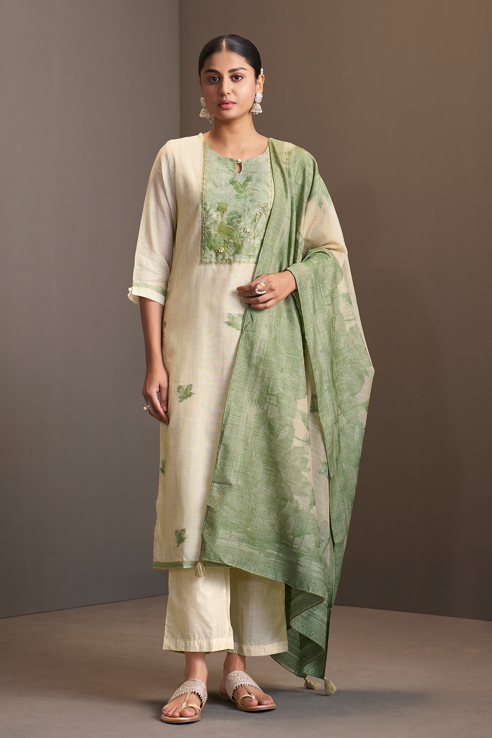 Sagewood Ivory Linen Chanderi Jacquard Kurta Set