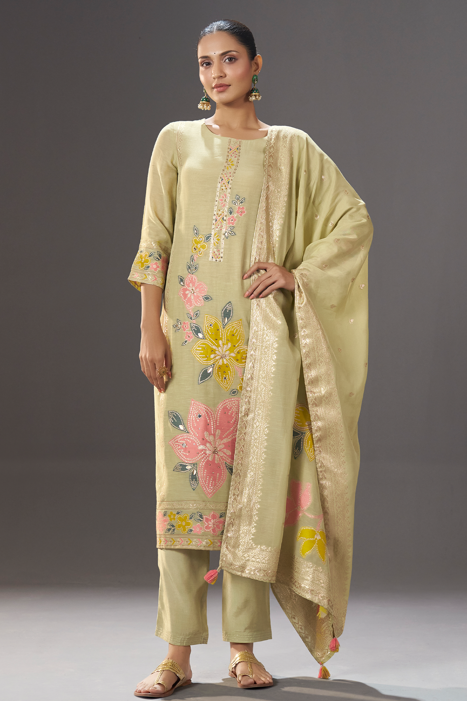 Sage Floral Reverie Viscose Linen Jacquard Multi Meena Kurta Set