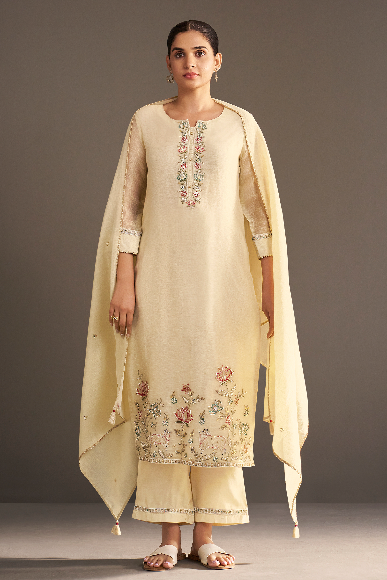 Pearl Sand Shimmer Linen Embroidered Kurta Set