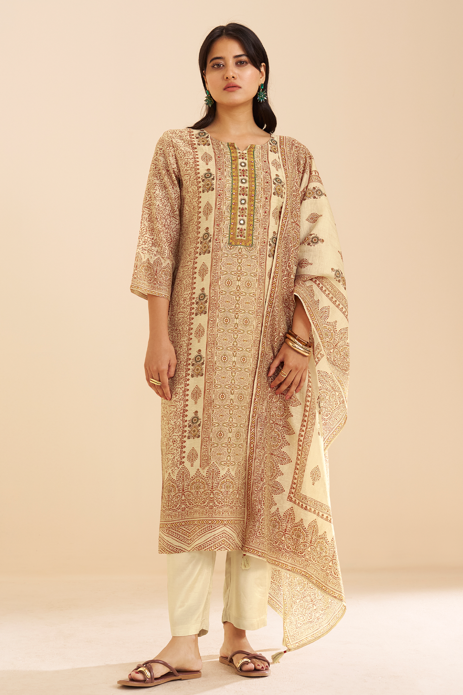 Champagne Beige Shimmer linen Digital printed Kurta Set